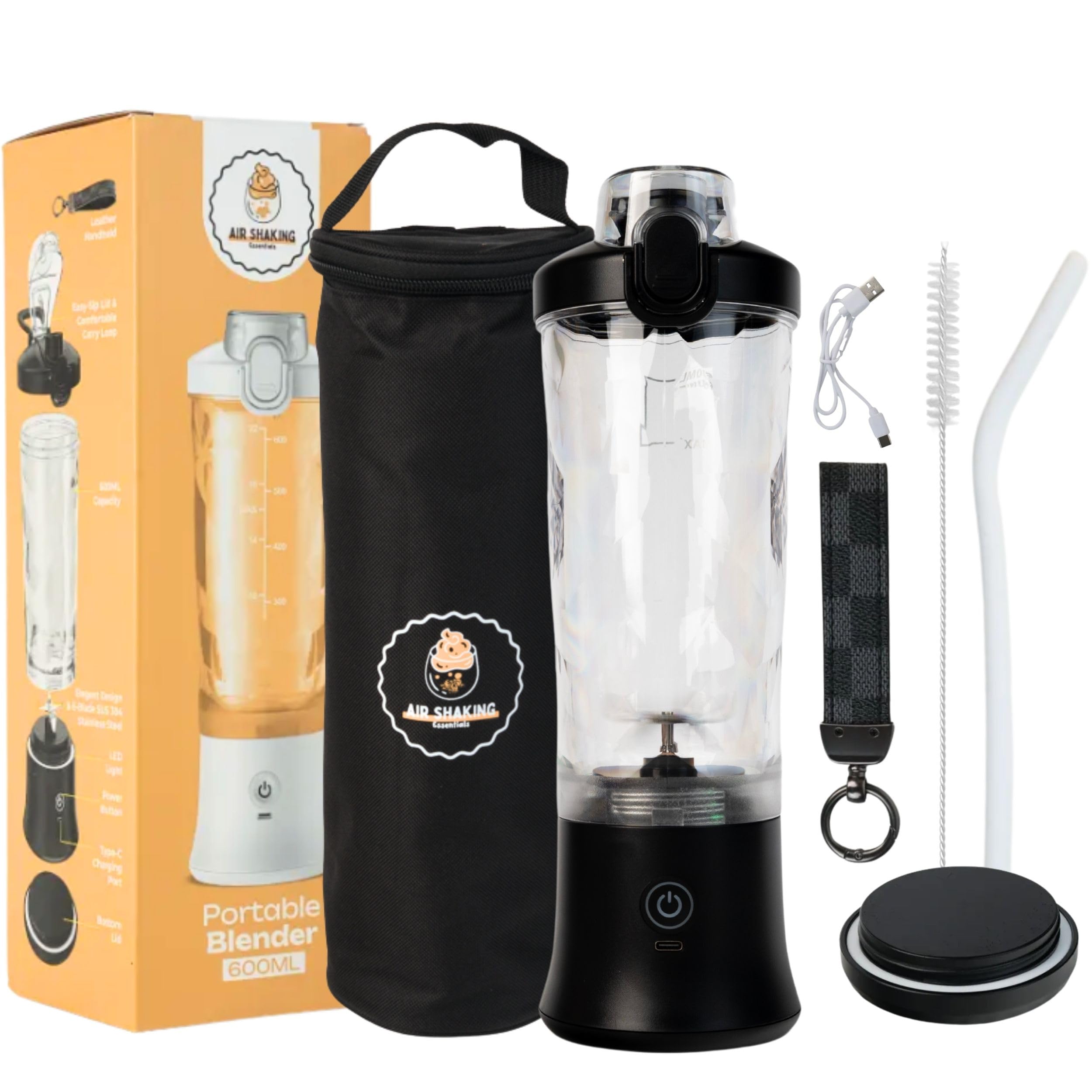 AirShaking Essentials Portable Smoothie Maker – Mini Cordless Personal Blender Bottle for Juice, Shakes, Fruit & Protein Powder - Leakproof Travel Base – USB-C Rechargeable, 15 Blends per Charge