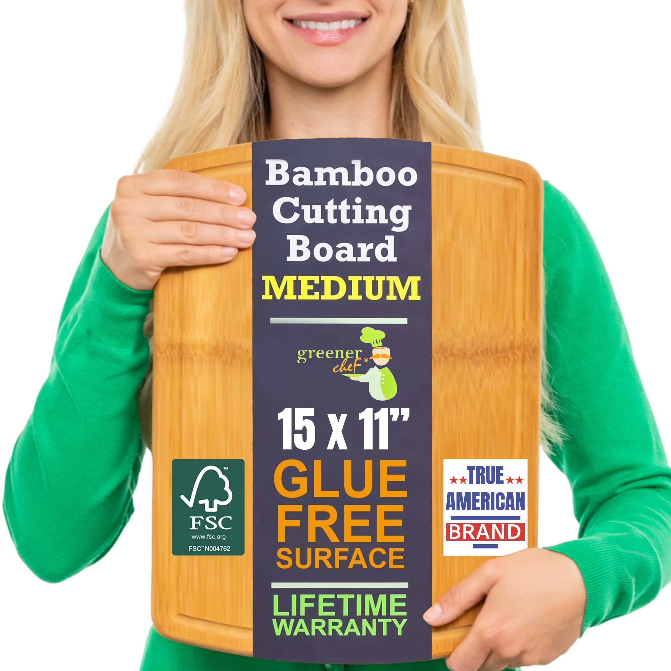 Bamboo Cutting Board – 15 Inch Wood Cutting Boards for Kitchen with Glue-Free Surface™ & Juice Groove – Non-Toxic, FSC-Certified, Durable Wooden Chopping Board