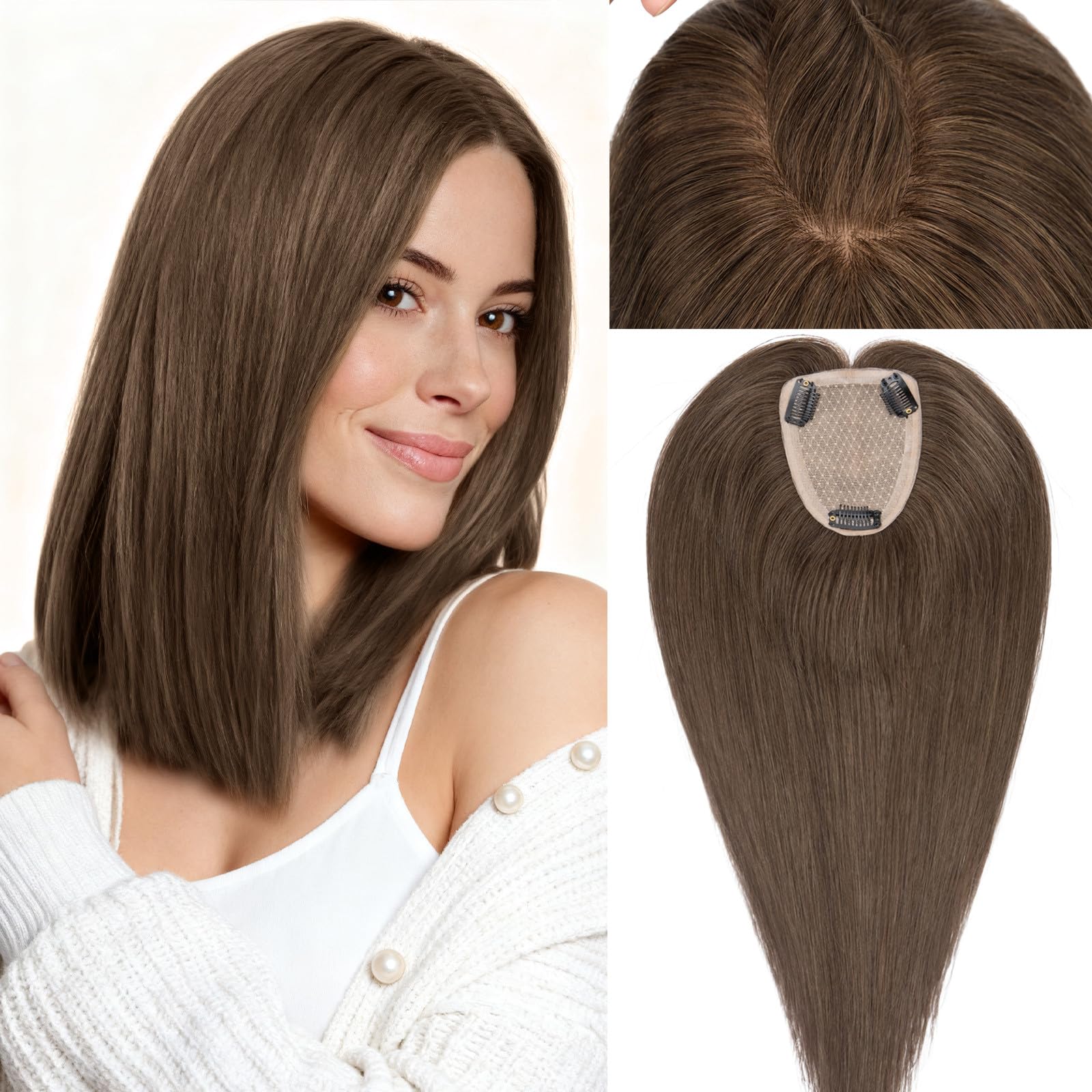 Photo 1 of Rich Choices Human Hair Toppers for Women-100% Real Remy Hair Topper No Bang-Upgraded 150% Density 9 * 12CM Lace Base-Clip in Hairs Topper for Thinning Hairs-12Inch #2 Dark Brown