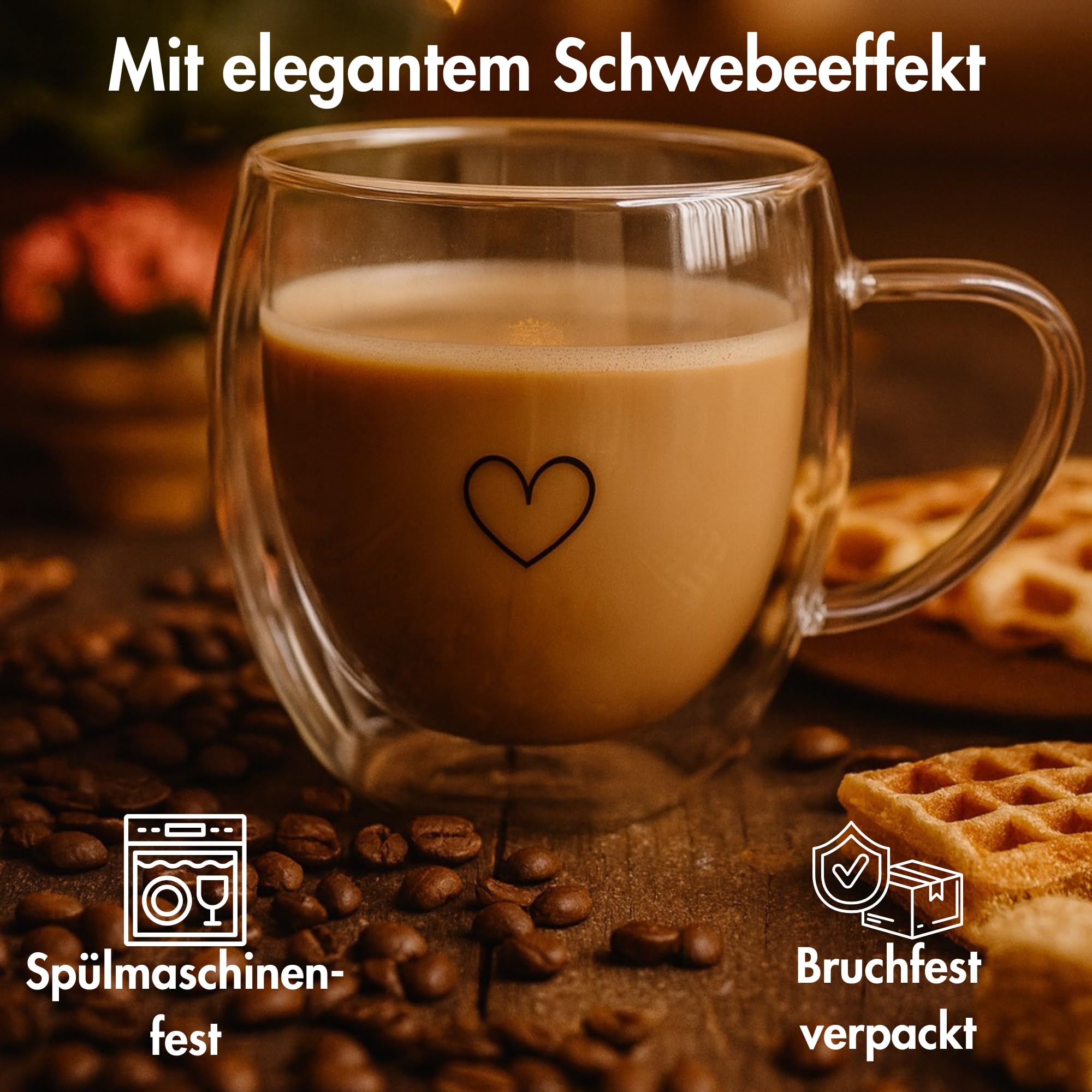 Cappuccino Tassen Glas Doppelwandig 4er Set 250ml – Cappuccino Gläser mit Henkel – Herz Design