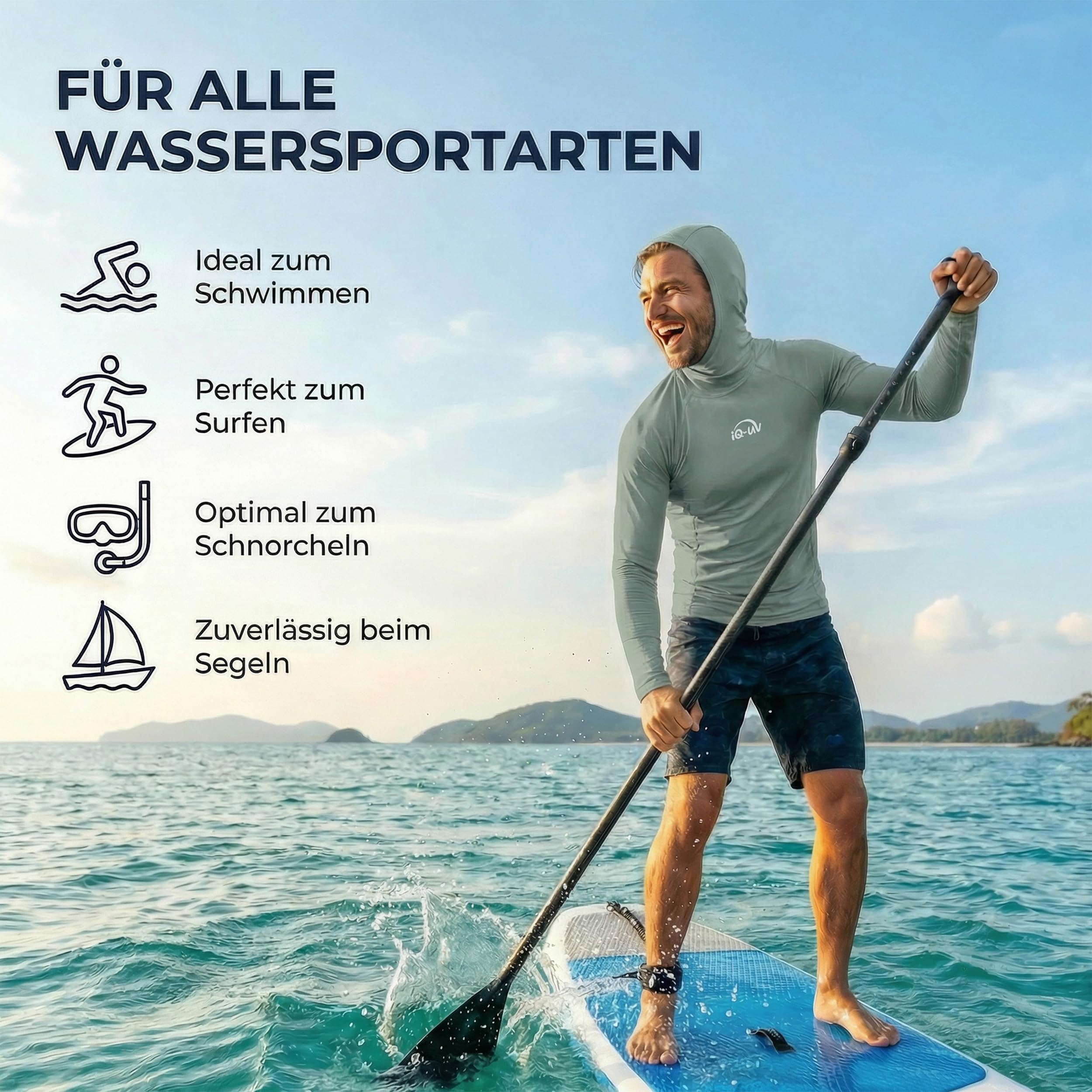 iQ-UV Shirt für Herren Kapuzenshirt Langarm – Rashguard für Herren mit UPF 50+ Sonnenschutz für Aktiv- und Wassersport – Schwimmshirt für Männer – Atmungsaktiv und schnelltrocknend