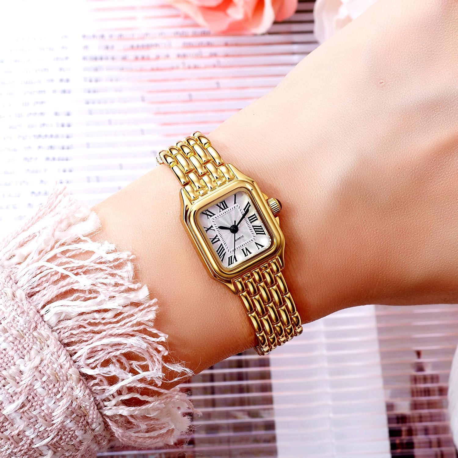 BESTKANG Watches for Women Vintage Square Classic Luxury Watch with Roman Numerals Dial Gold Silver Two-Tone Stainless Steel Band Elegant Dress Women's Wrist Watch - Image 5