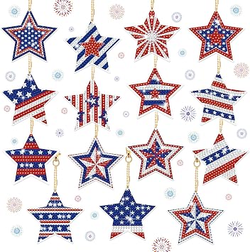 BBTO 15 Pcs 4th of July Star Diamond Art Keychains Patriotic Star Ornaments 250th Anniversary Memorial Day Painting Keychains Red White Blue Independence Day Diamond Art Kits for Kids Adults Crafts