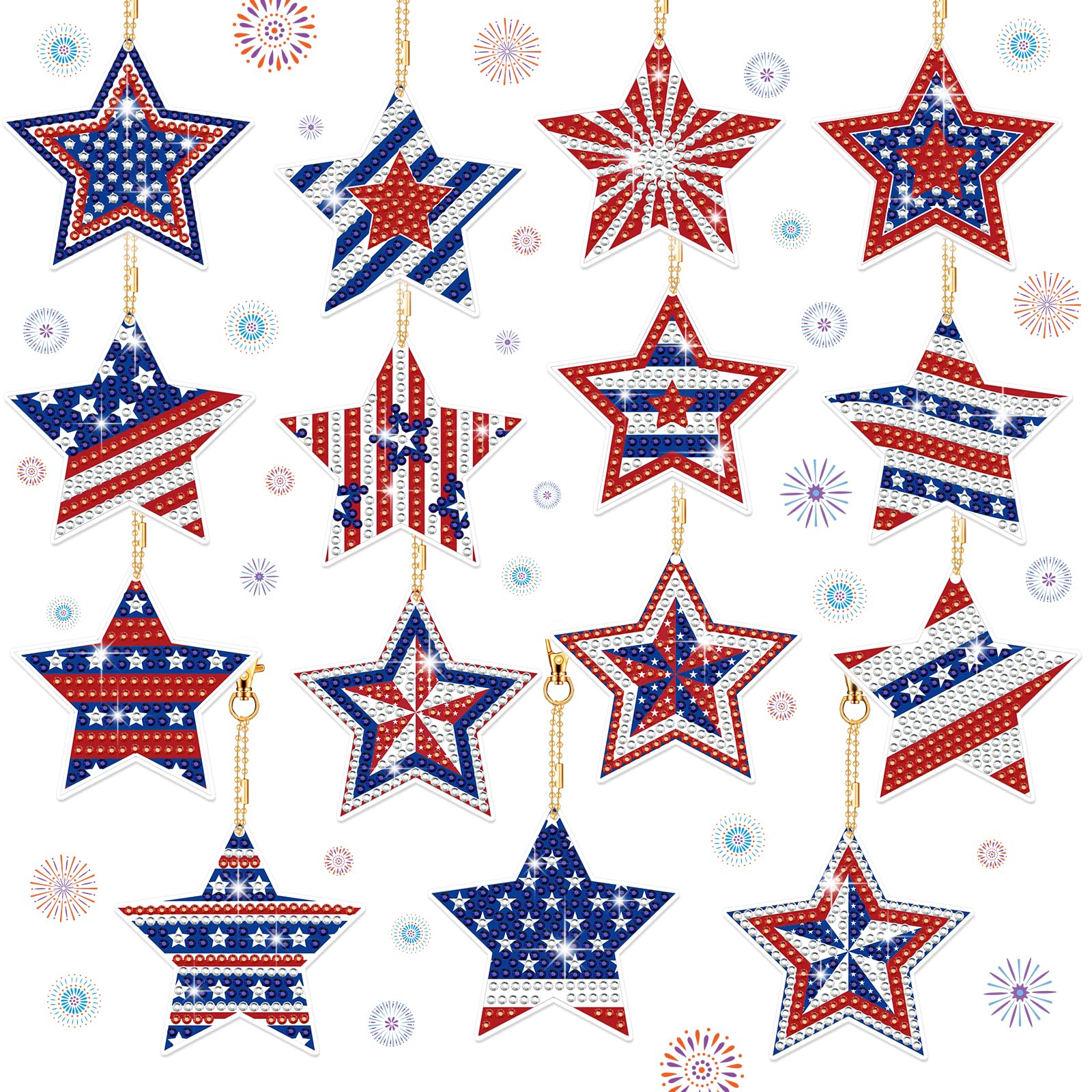 BBTO15 Pcs 4th of July Diamond Art Keychains Patriotic Star Diamond Art Ornaments Memorial Day Rhinestone Painting Keychains Red White Blue Independence Day Diamond Art Kits for Kids Adults Crafts