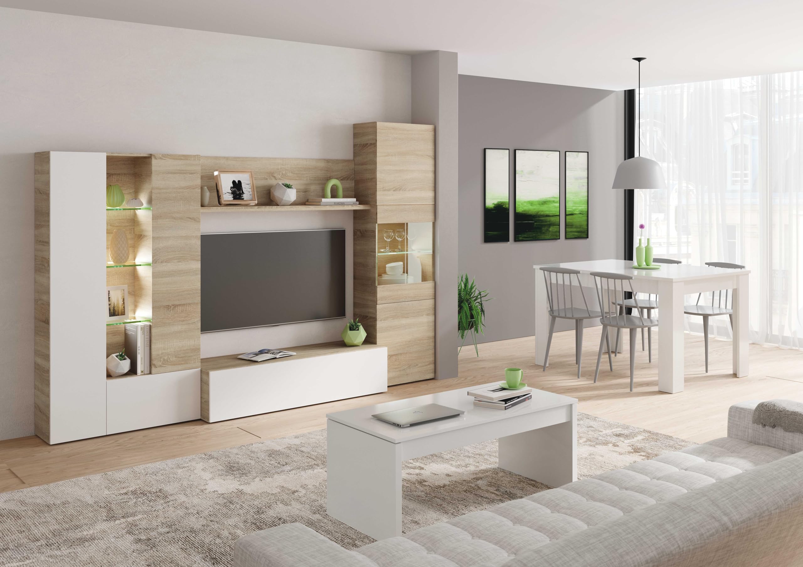 Habitdesign Salón Compacto 260, Mueble televisión, Modelo Essential, Acabado Roble Canadian y Blanco Brillo, Medidas: 185 cm (Alto) x 260 cm (Ancho) x 42 cm (Fondo)