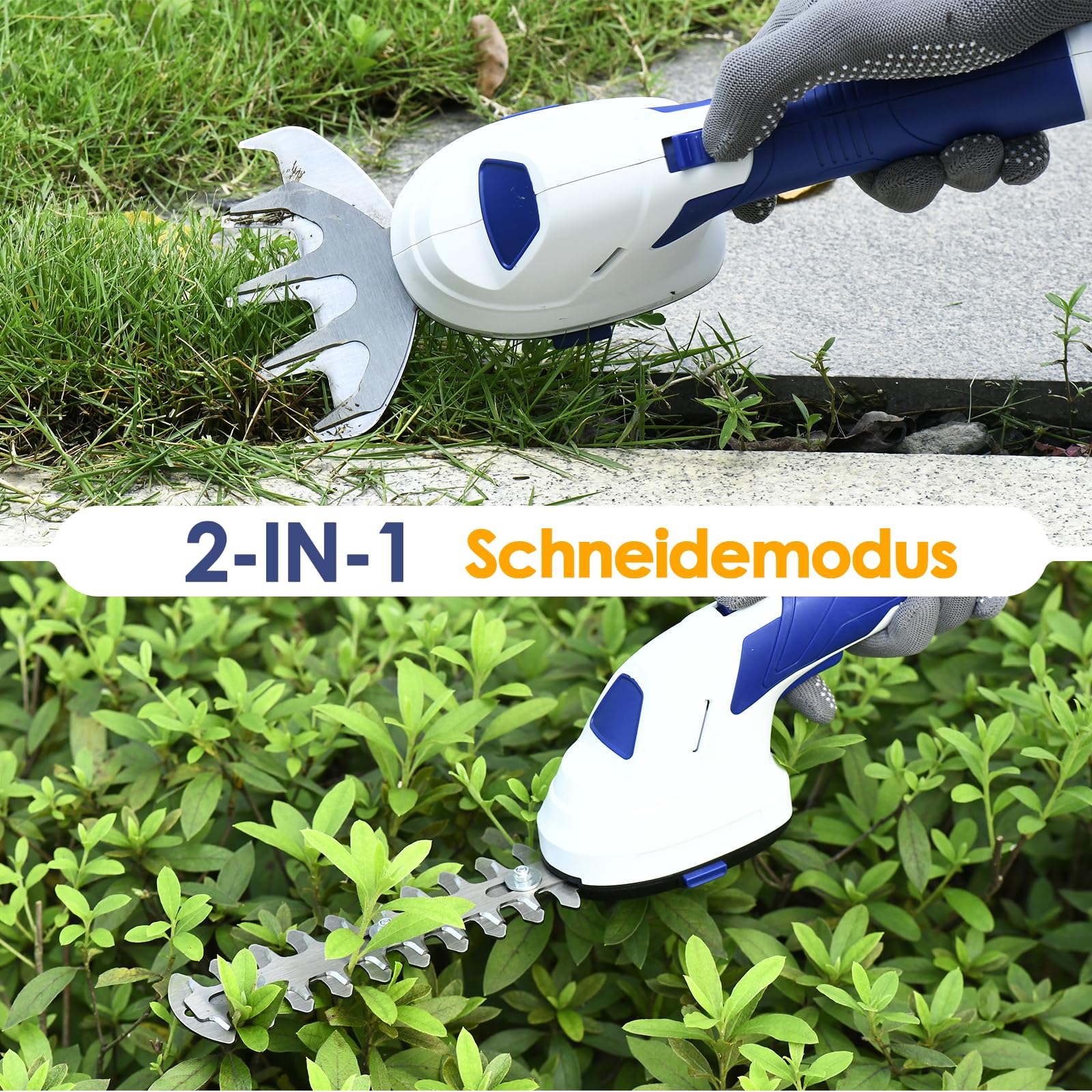 Geevorks Gartenschere Akku 7,2V Grün, Handliche Grasschere Mit 2 Messern, 2.000mAh Akku,2 in 1 Heckenschere, Schnittbreite 12cm, Schnittlänge 20cm