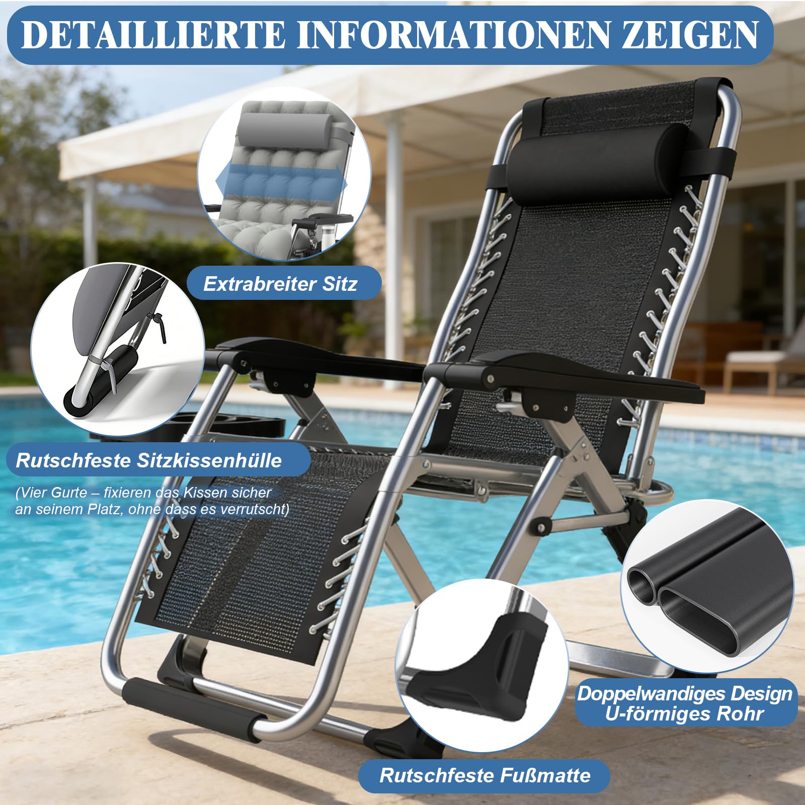 Fiutazge 83cm Ultra Ancho tumbonas Jardin Exterior, Tumbona Plegable con Cojín Acolchado,Reposacabeza ExtraíBle y 2 Portavasos, Reposapiés Mejorado para Terraza,Salón,Playa o Piscina, Gray
