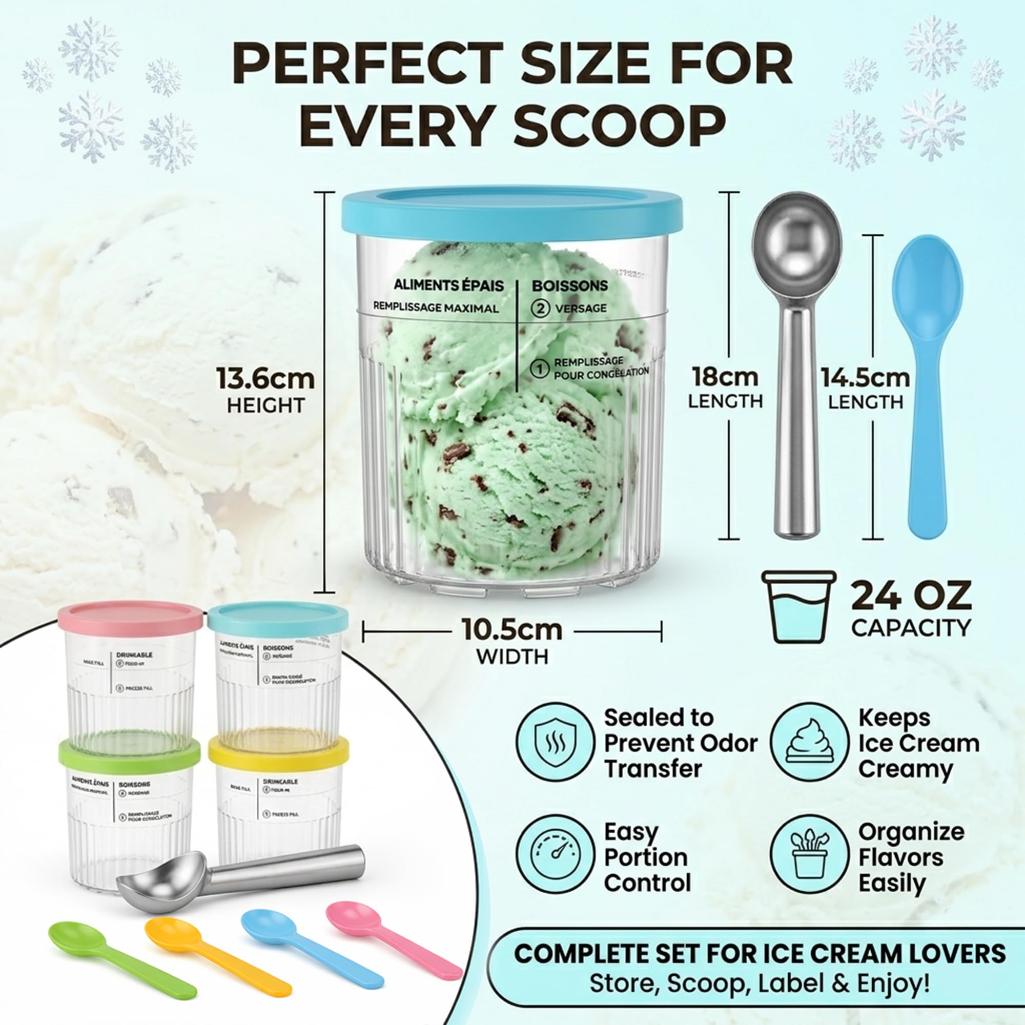 Set de 4 récipients pour Ninja CREAMi Deluxe, pintes de crème glacée de 24oz avec couvercles colorés, incluant 4 mini-cuillères et cuillère à glace en acier inoxydable, accessoire sans BPA et lavable