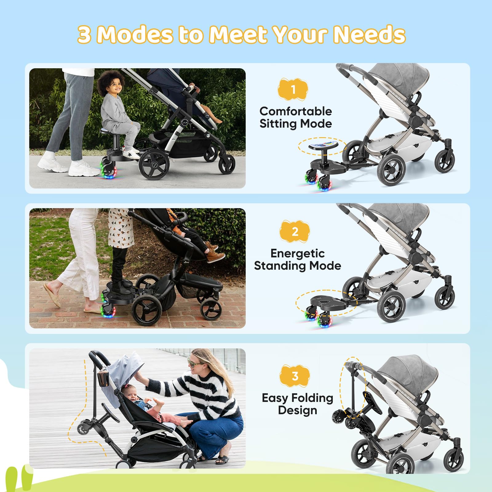 Deska spacerowa z siedziskiem, podnóżek do wózka dziecięcego, uniwersalna z kółkami LED, akcesoria dla dzieci od 2-6 lat (25 kg), akcesoria do wózków dziecięcych, podnóżek dla ponad 99%