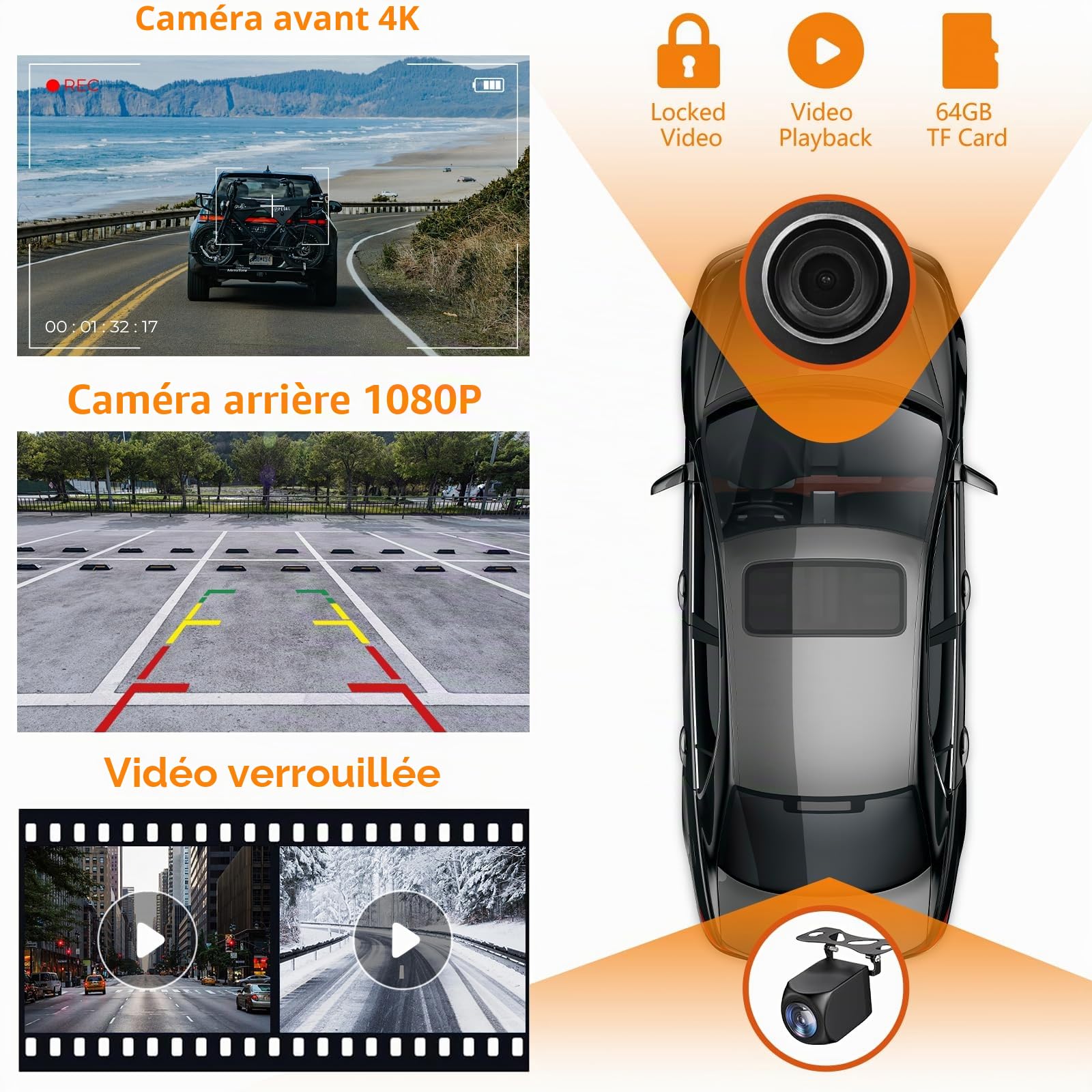 Écran de voiture portable 9" CarPlay/Android Écran tactile IPS HD avec caméra embarquée 4K et caméra de recul 1080p, Commande vocale BT FM Mirror Link pour tous les véhicules
