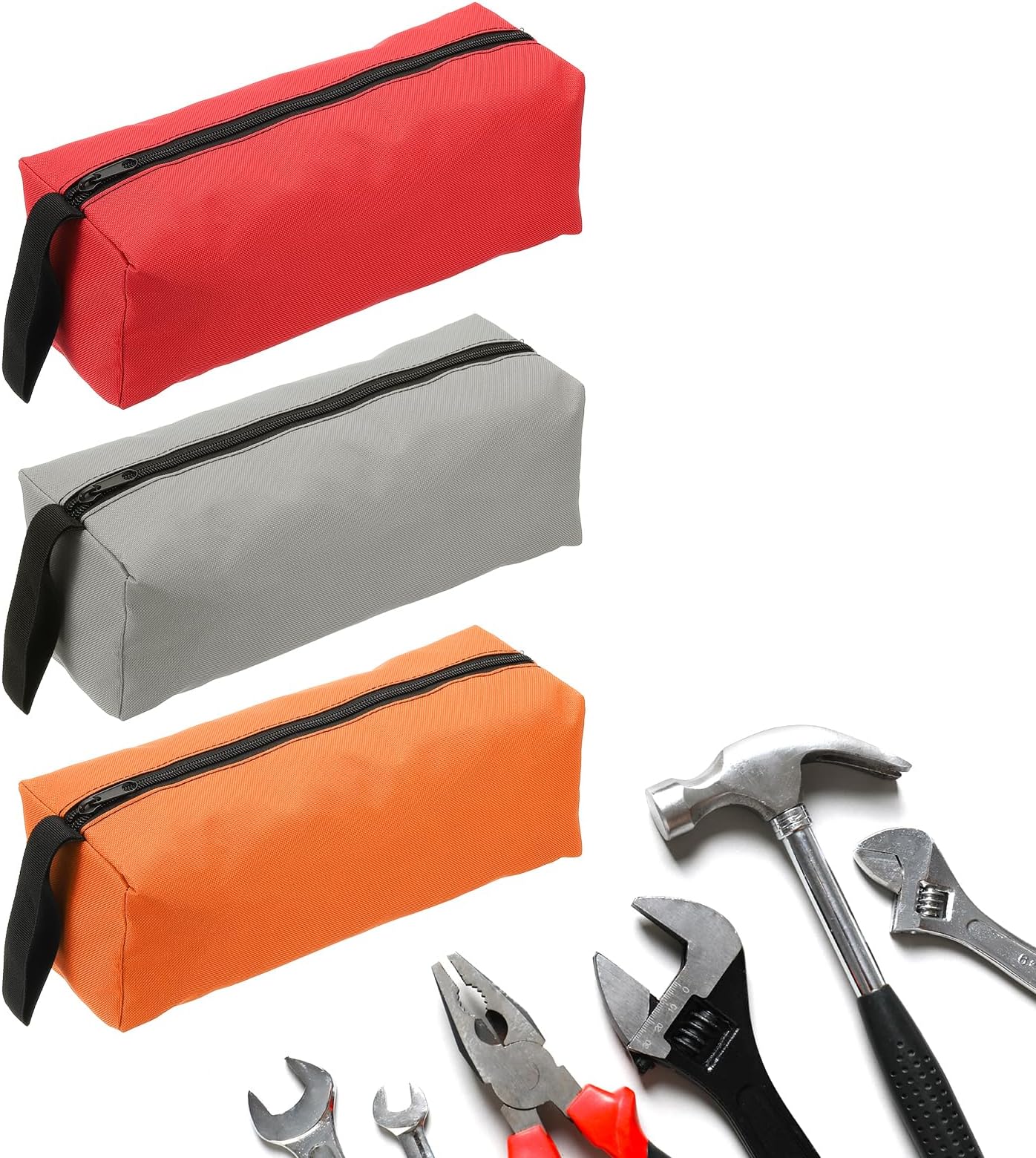 3pcs Zipper Utility Tool Bag 11.8x4x4 Inch Multi-purpose Oxford Cloth Tote Tool Pouch Small Organize Bags for Storage Various Electrician Tools Screwdrivers, Red Orange Grey