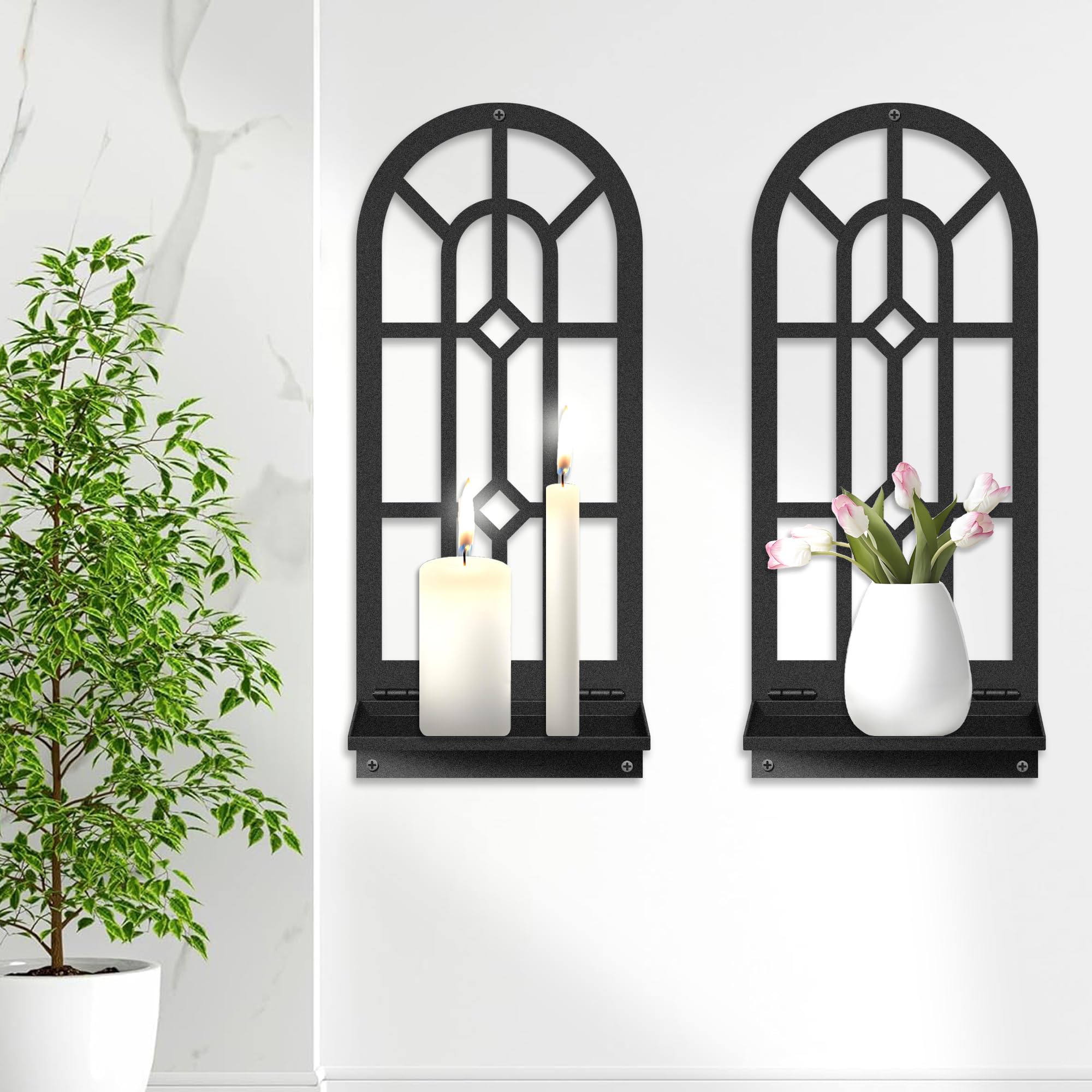 MEIYIFAN Juego de 2 candelabros de metal para decoración de pared, portavelas de pared, arte moderno de pared para baño, arte decorativo de pared para salón, dormitorio y baño (16.5 x 7 in)