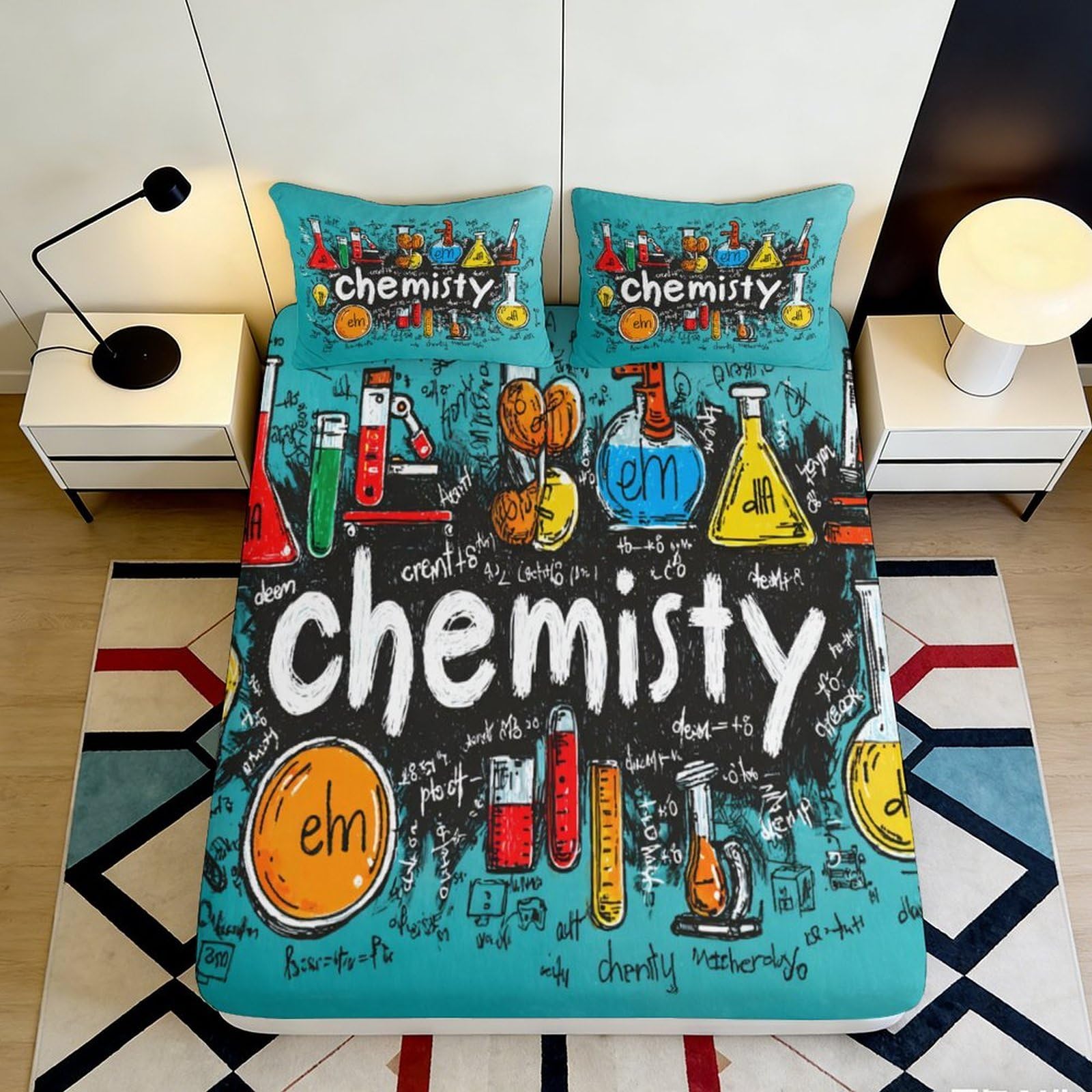 3D Printed Chemistry Lab Fitted Sheet Microfiber Colorful Science Pattern Bed Cover for Bedroom Dorm Mattress Decor 90x200x25cm