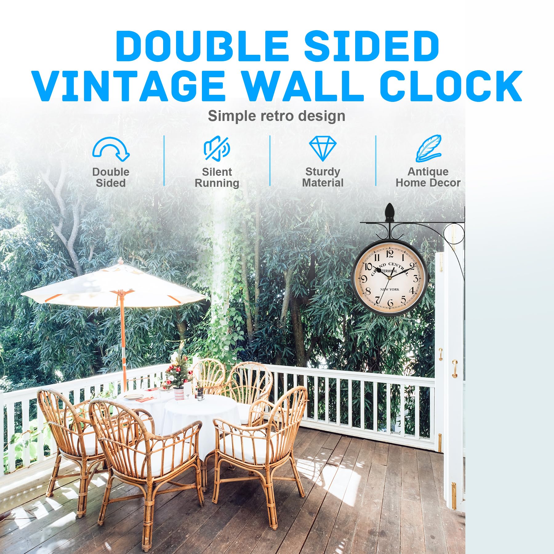 Samger - Reloj de pared de doble cara retro con soporte, 18 cm, estilo retro con batería, reloj de estación de tren Nueva York, reloj de metal, color negro