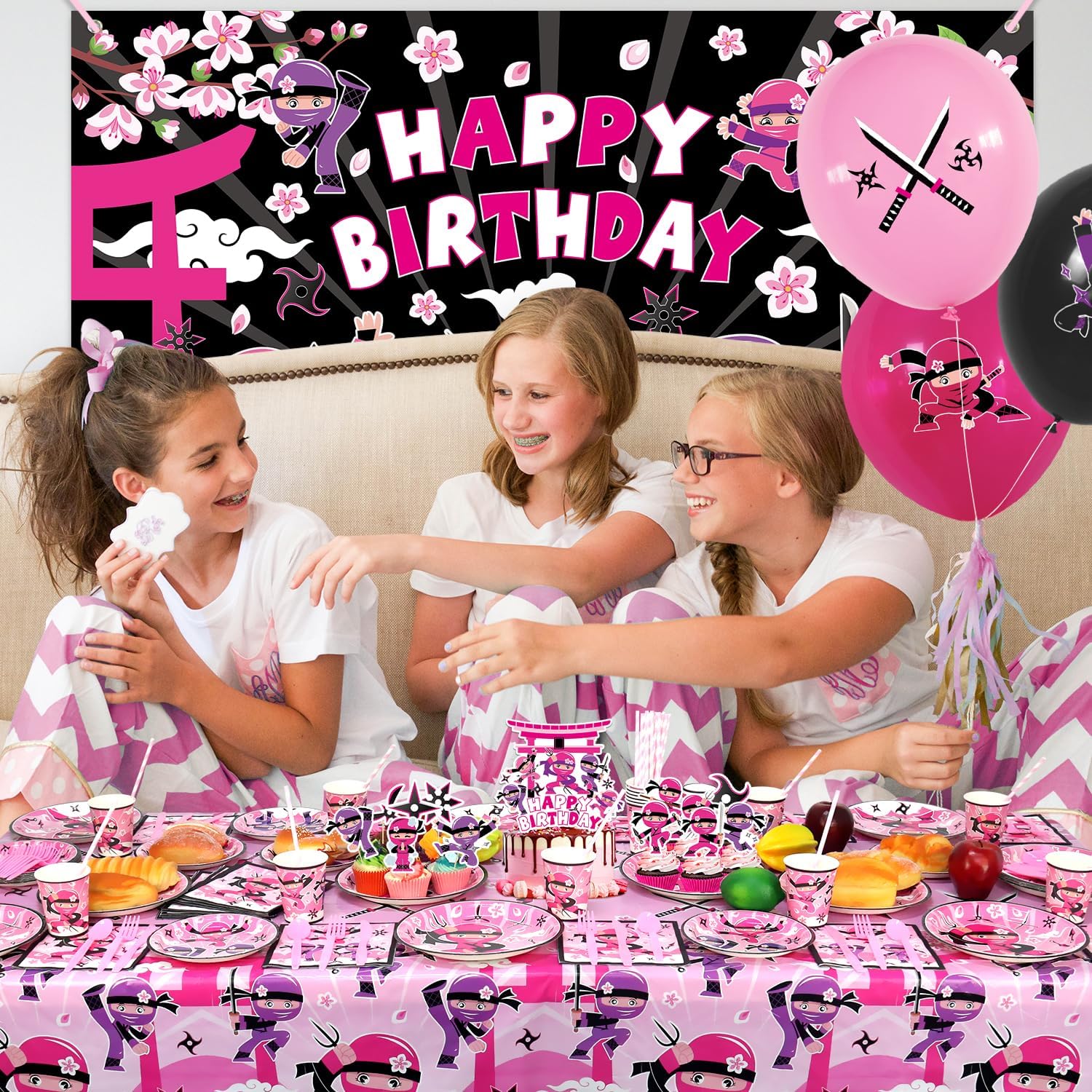 Ninja Girl Birthday Party Decoration, Ninja Girl Party Supplies, Plates Cups Napkins Ninja Girl Tablecloth Happy Birthday Backdrop Balloons Cake Toppers for Ninja Master Girls Princess Baby Shower