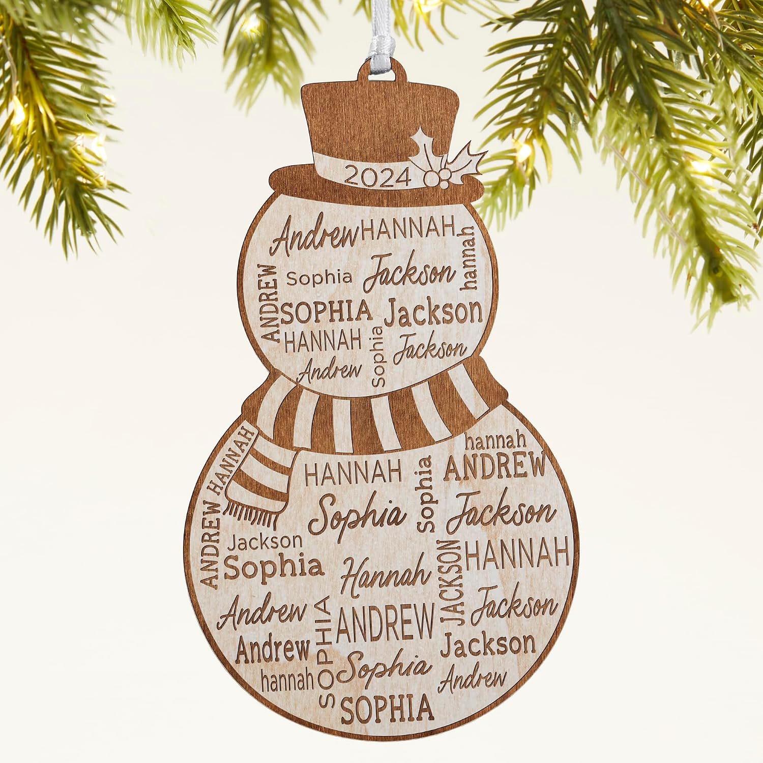Personalization Universe Personalized Repeating Name Snowman Ornament - Whitewashed Alderwood - Engraved with Up to 35 Names, Christmas Tree Decorations - Custom Unique Wooden Ornaments, Ribbon