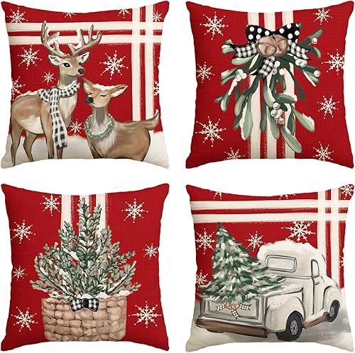 AVOIN colorlife Juego de 4 fundas de almohada rojas con diseño de árbol de Navidad, reno, camión, rayas, 20 x 20 pulgadas, decoración de fundas de disponible en Yaxa Guatemala