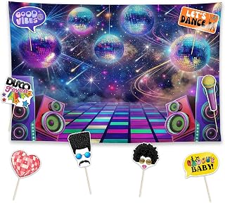 Allenjoy Disc Retro Glow Party Decorations Set - 9 Piece Kit with 59"x35" Backdrop, 8 Photo Booth Props, Supplies, Favors for Men Women Boyfriend Girlfriend Husband Wife Decor