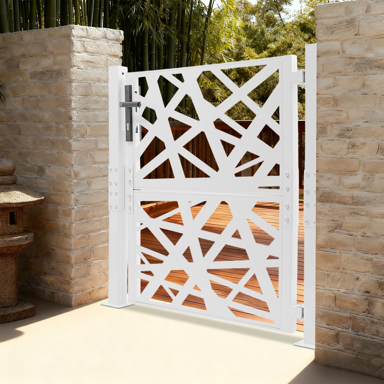Cancello da giardino in metallo, porta da giardino in acciaio, chiudibile a chiave, cancello del cortile e cancello d'ingresso per giardino, terrazza e vialetto con design a motivo geometrico forato