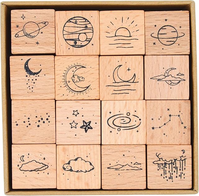 Cliocoo 16pcs Moon&Star Wood Rubber Stamp Set M-26 (1-Moon Star)