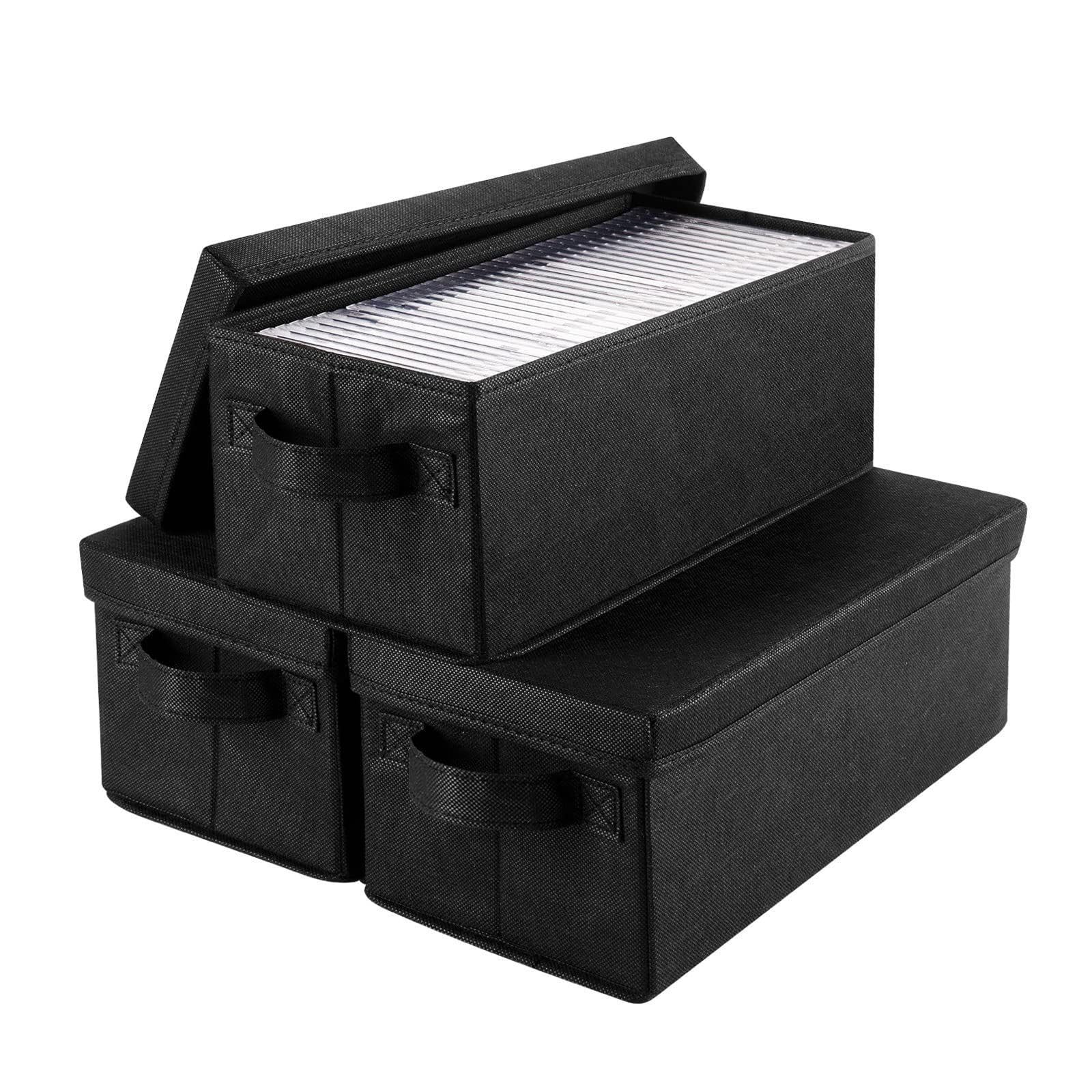 Confezione da 3 Scatola Archivio CD, contenitori impilabili per CD Oggetti con Coperchio Pieghevoli Scatole Portaoggetti con Manici, per Guardaroba, Armadio, Scaffali