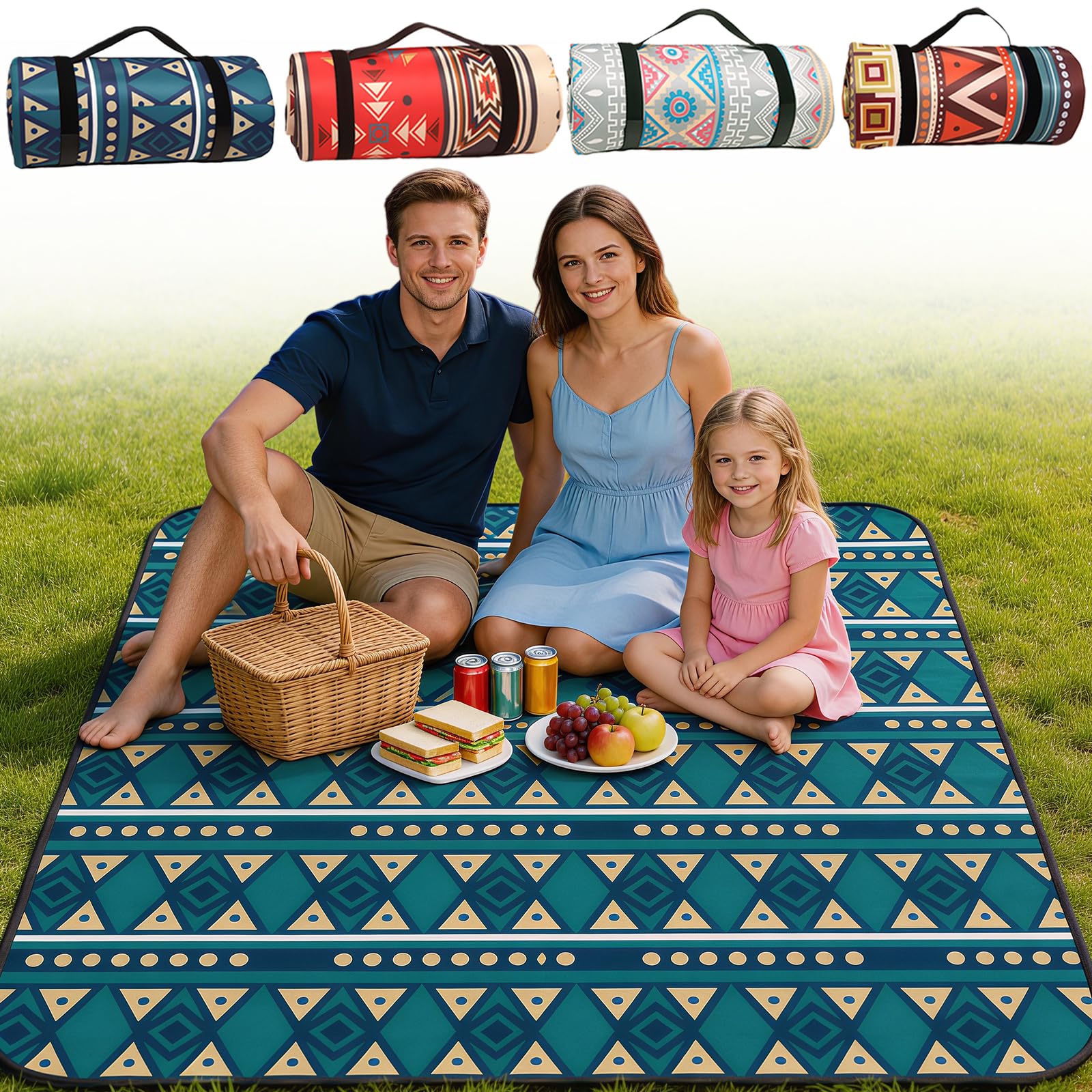 NBOUOU Picnic Blanket Waterproof, Picnic Camping Mat, Beach Mat Blanket with Carrying Strap, Camping Blankets Rug for Outdoor Rug Activities, Park, Hiking Seattle Bohemian 150x200 cm (Blue) — image 1