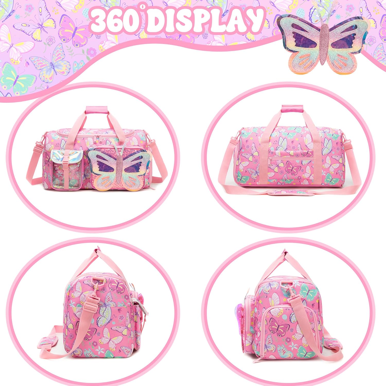 Butterfly Kids Duffle Bag Girls Ballet Dance Bag Overnight Travel Bags for Girls Gymnastics Sports Bags for Kids with Shoe Compartment - Image 3