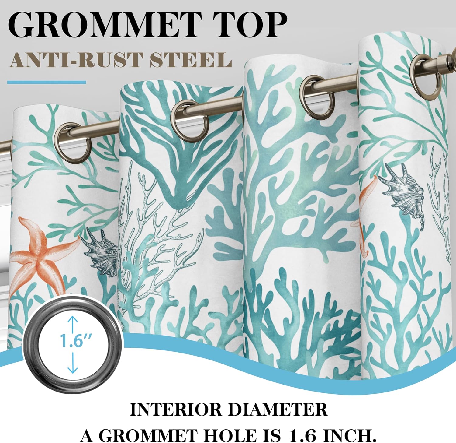 Coastal Beach Curtains 2 Panels Set Nautical Ocean Patterned Themed Thermal Insulating 50% Light Blocking Room Darkening Grommet Window Coral Print Drapes for Living Room Bedroom, Teal, 52x84 Inches