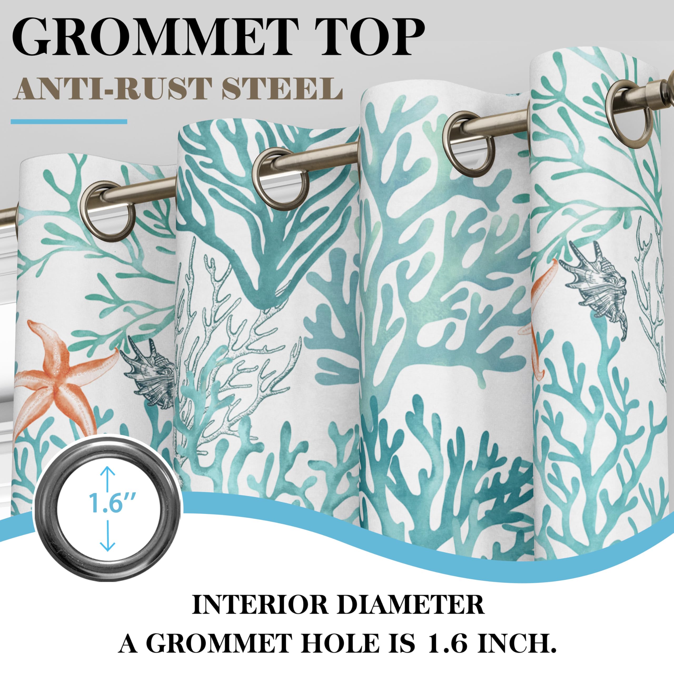 Tende nautiche costiere con occhielli, a tema spiaggia corallo, isolamento termico, 50% blocco della luce, oscuranti, per soggiorno, camera da letto, set di 2 pannelli, 132 x 213 cm, turchese