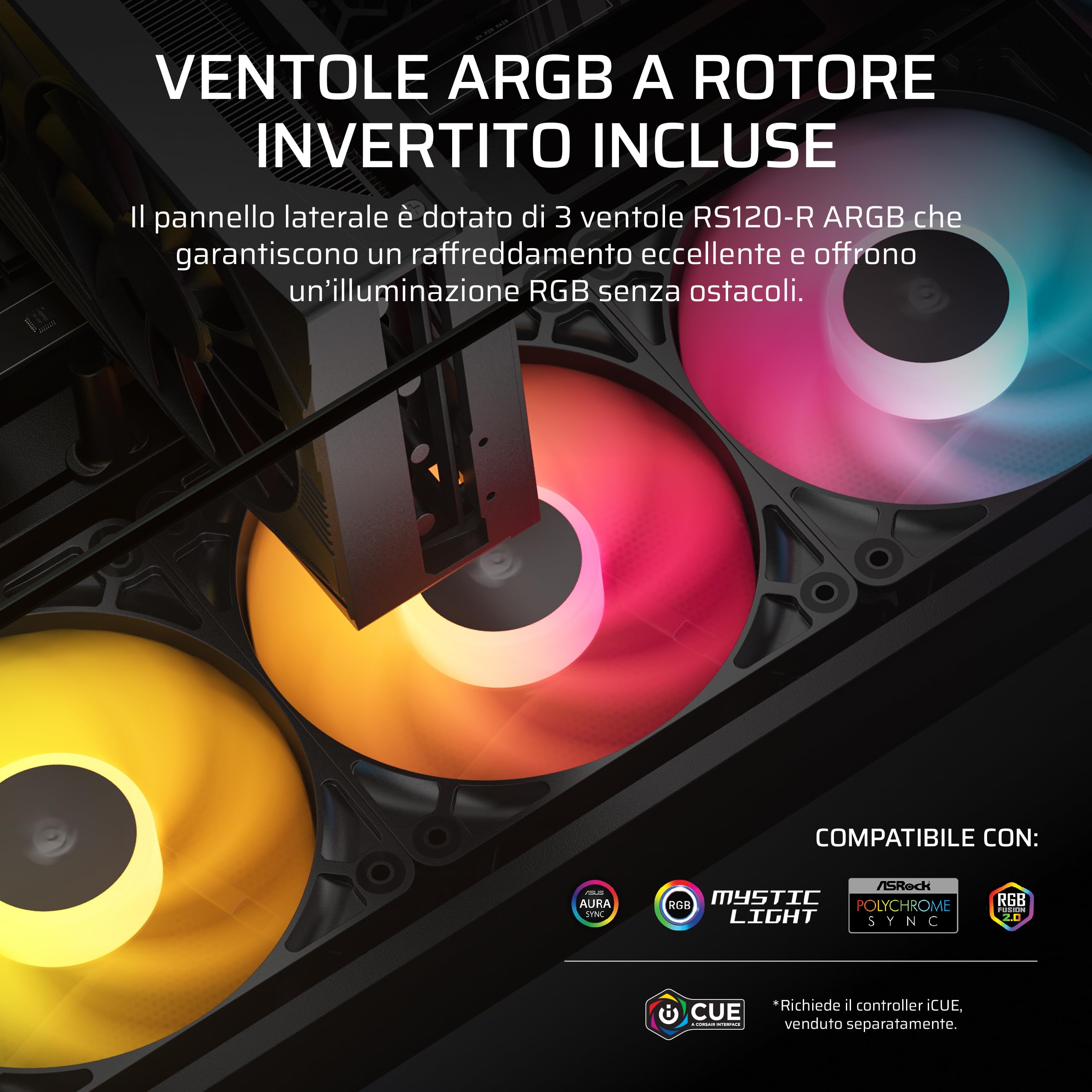 Corsair 2800X RS ARGB Case PC Micro-ATX Panoramico – Nero | 3 Ventole Incluse, Personalizzazione Modulare, Supporto Anti-Flessione GPU, Compatibile Schede Madri A Connessione Inversa