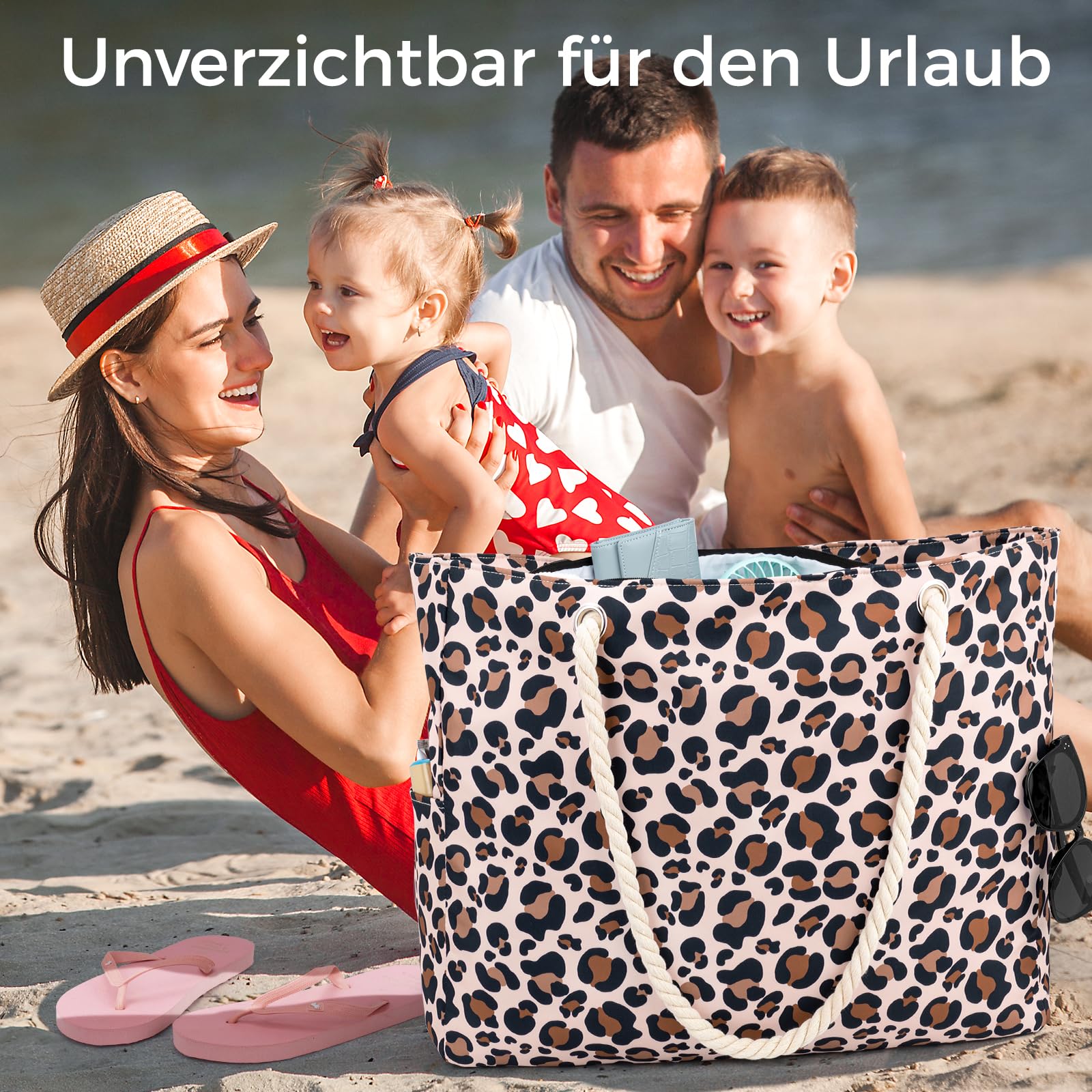 benpen Strandtasche XXL Familie mit Reißverschluss, Große Leo Badetasche Schwimmtasche Damen Faltbar, Beach Bag Strand Tasche Daily Shopper Sommertasche für Strand Reisen Urlaub Schwimmbad Pool