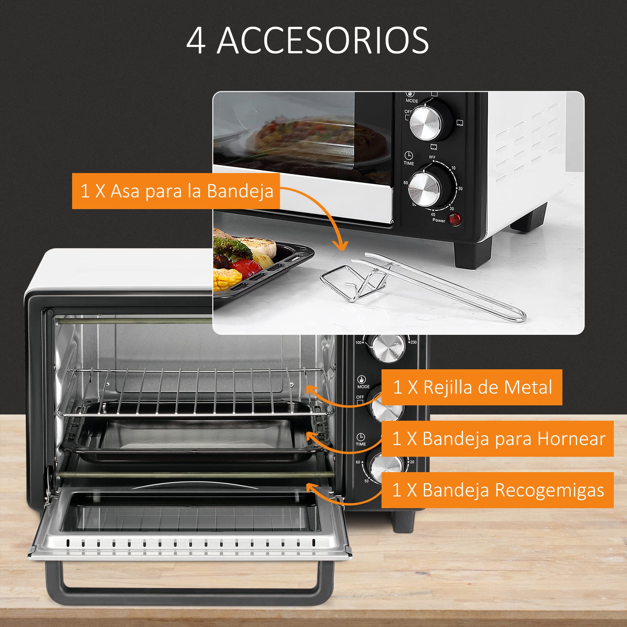 HOMCOM Horno Eléctrico de Sobremesa 16L 1400W Horno Portátil Mini Horno con 3 Modos de Calor Temperatura hasta 230 ℃ Temporizador 60 min Bandeja de Horneado y Rejilla 44x32x28,1 cm Blanco y Negro
