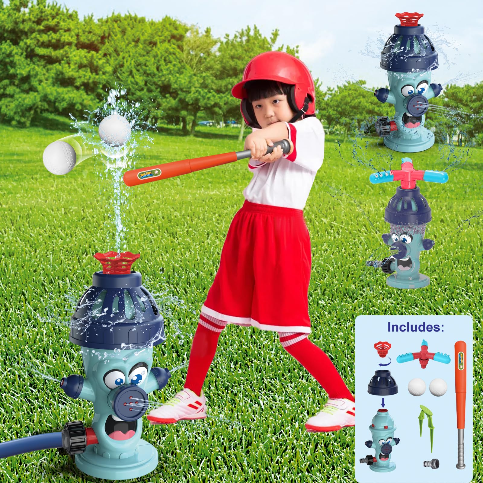 3 in 1 Water Sprinkler for Kids?Hydrant Sprinkler with Baseball & 360 °Rotating