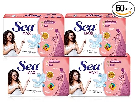 SEA Sanitary Pad For Women | 60 XXL Maxi Pads | Organic Cotton Pad with Leak And Odour Lock Technology