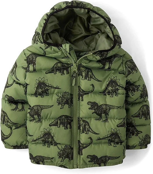 The Children's Place,Baby Boys,And Toddler Medium Weight Puffer Jacket, Wind-Resistant, Water-Resistant,Olive T-Rex,5 Years
