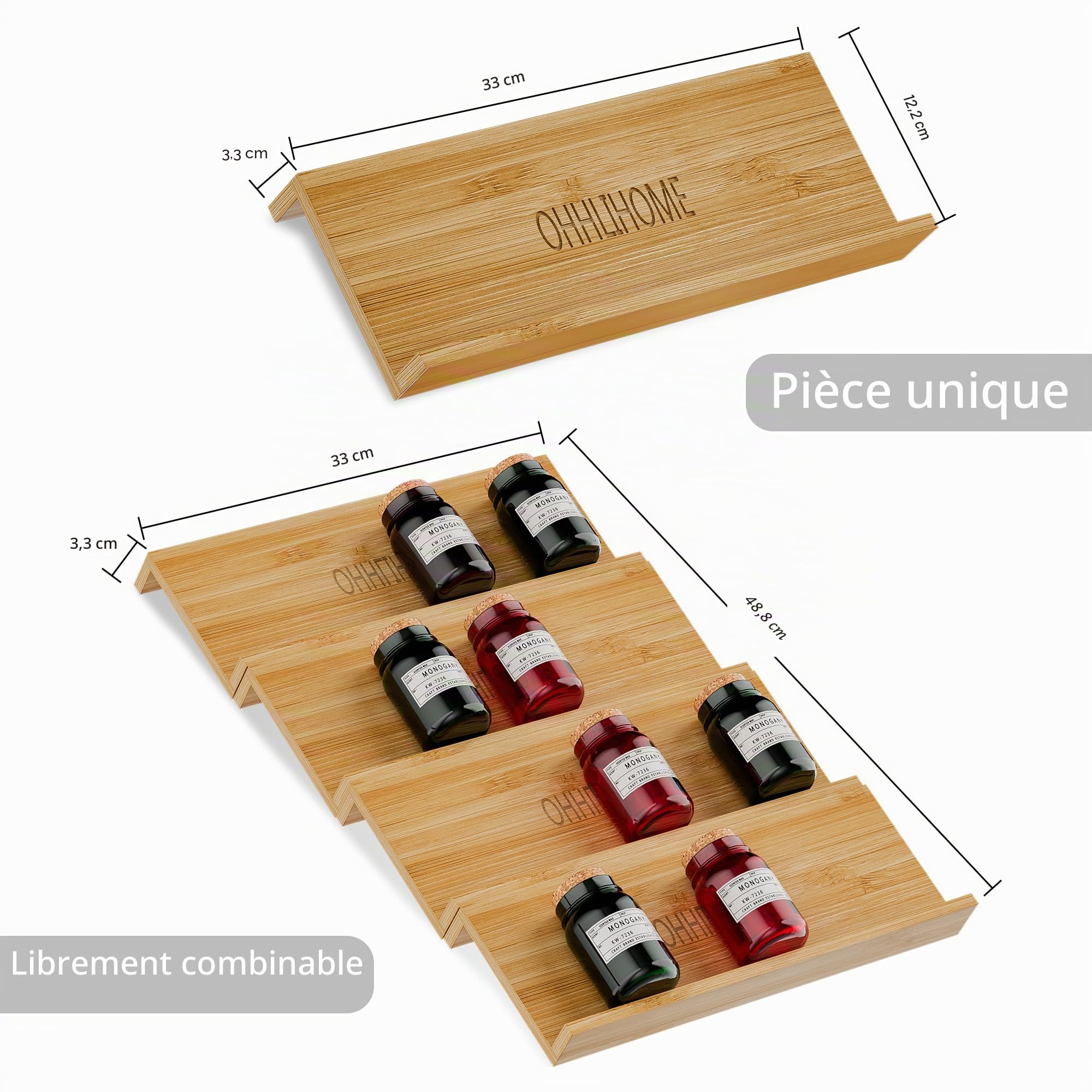Lot de 4 organiseurs de tiroir à épices en bambou – 33 x 11,9 x 4,1 cm – Insert de tiroir pour pots à épices – Organiseur d'assaisonnement pour tiroirs/comptoir (bocaux non inclus)