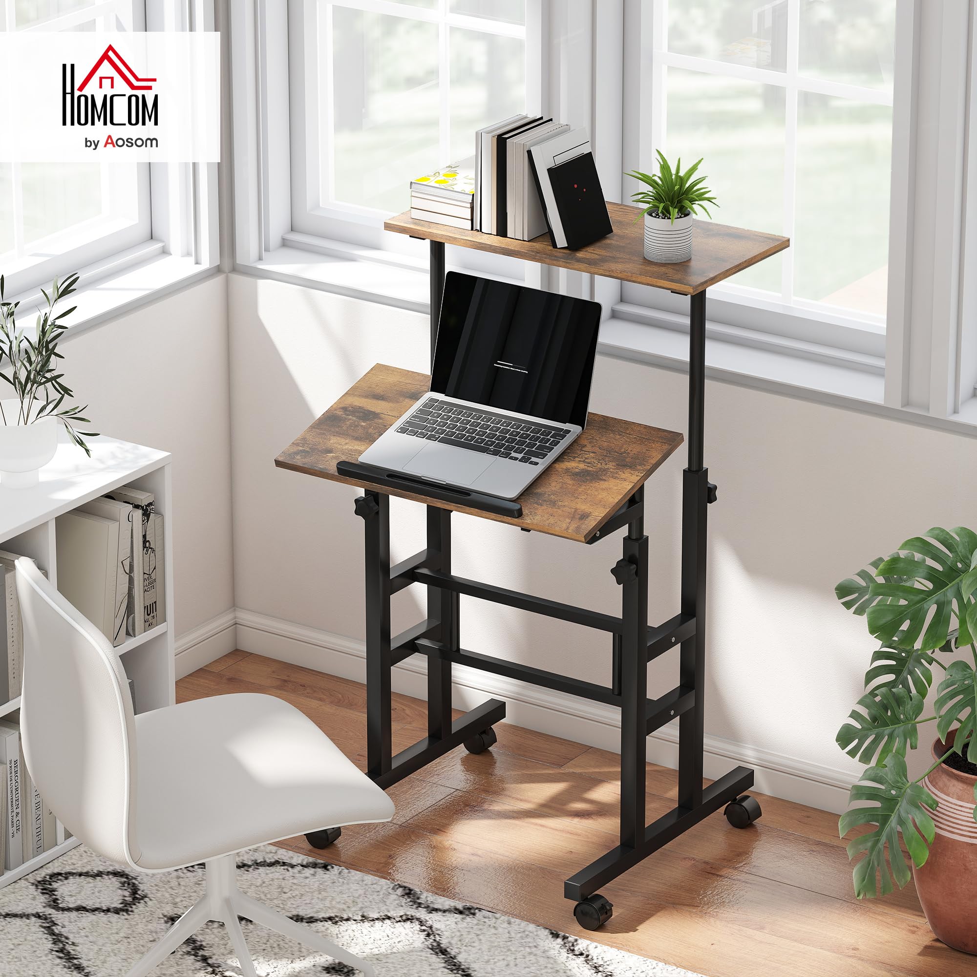 HOMCOM Schreibtisch Höhenverstellbar 60 x 60 x 70,5-120 cm Rustikal Braun