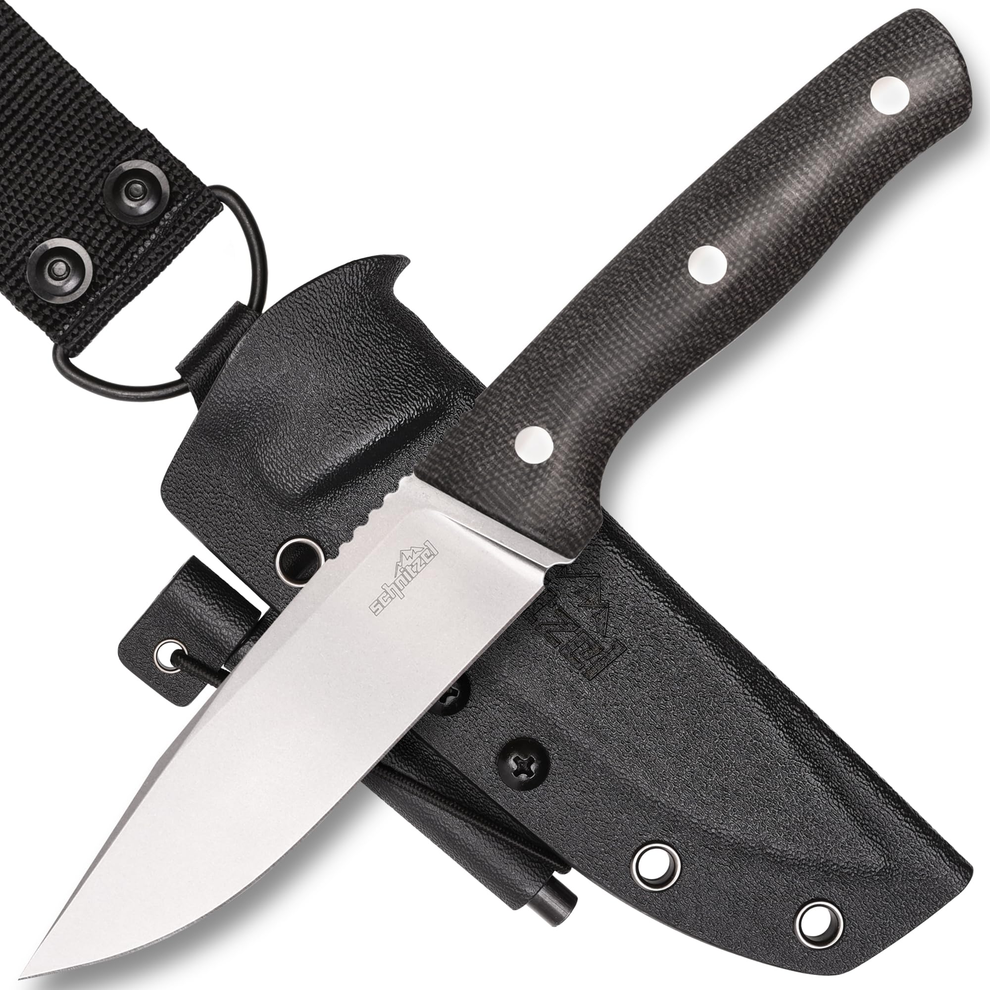 SCHNITZEL KVIN - Outdoormesser mit Kydex - Scheide, Braun/Orange | Dangler - Tragesystem - §42A konform - Bushcraft-, Outdoor-, Freizeit-Messer für Erwachsene, Wandern, Schnitzen