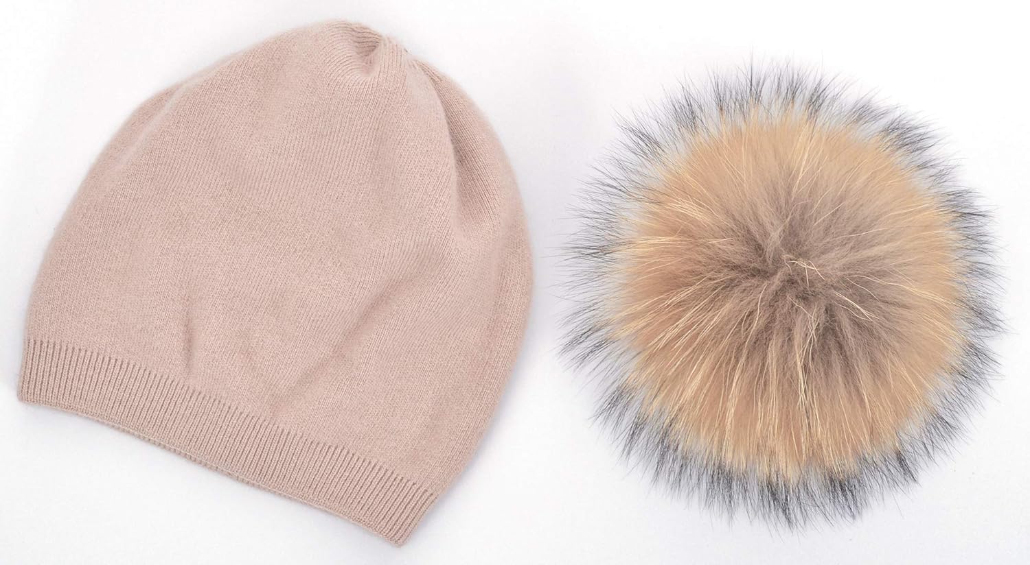 Women's Real Fur Pom Pom Cashmere Wool Blend Winter Slouchy Knit Beanie Hat with Real Pom Pom Beanie Hat