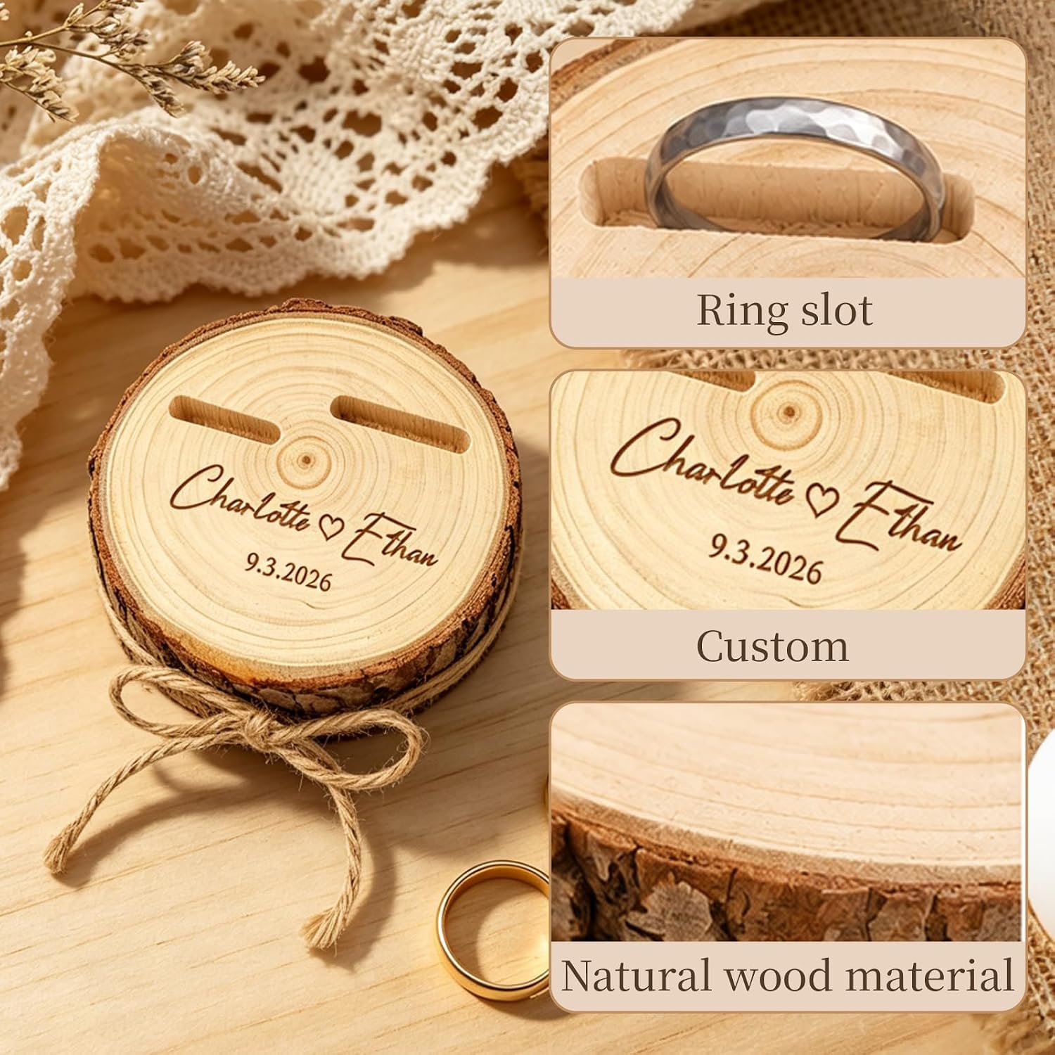 Personalized Wedding Ring Box, Custom Engraved Names & Date Ring Beare, Natural Log Double Slot Ring Holder for Engagement, Ceremony Keepsake Gift image 3