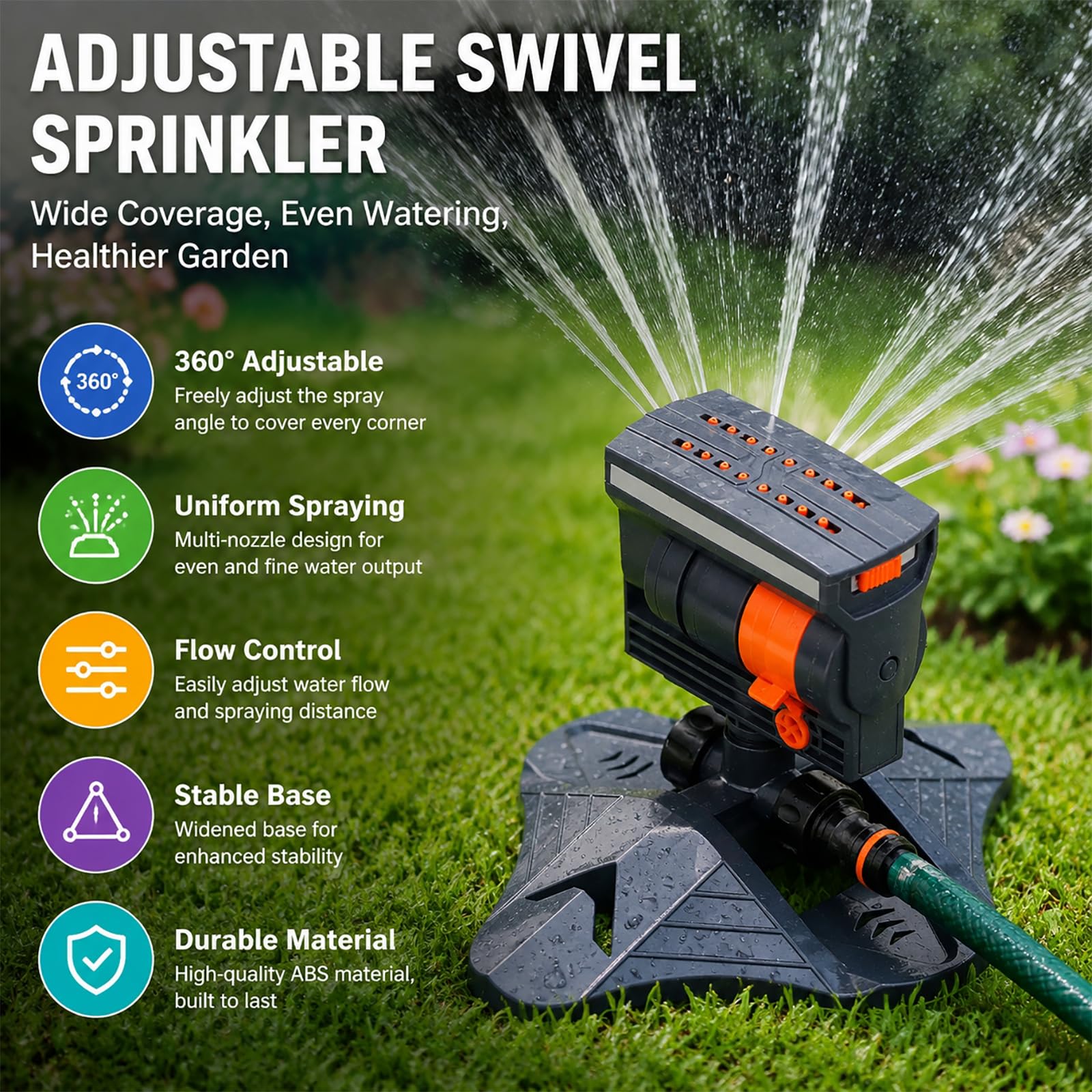 Irrigatore oscillante per prato, irrigatore a torre regolabile con 16 ugelli di precisione, rotazione a 360°, doppia filtrazione, ampia copertura per irrigazione da giardino, cortile, patio esterno