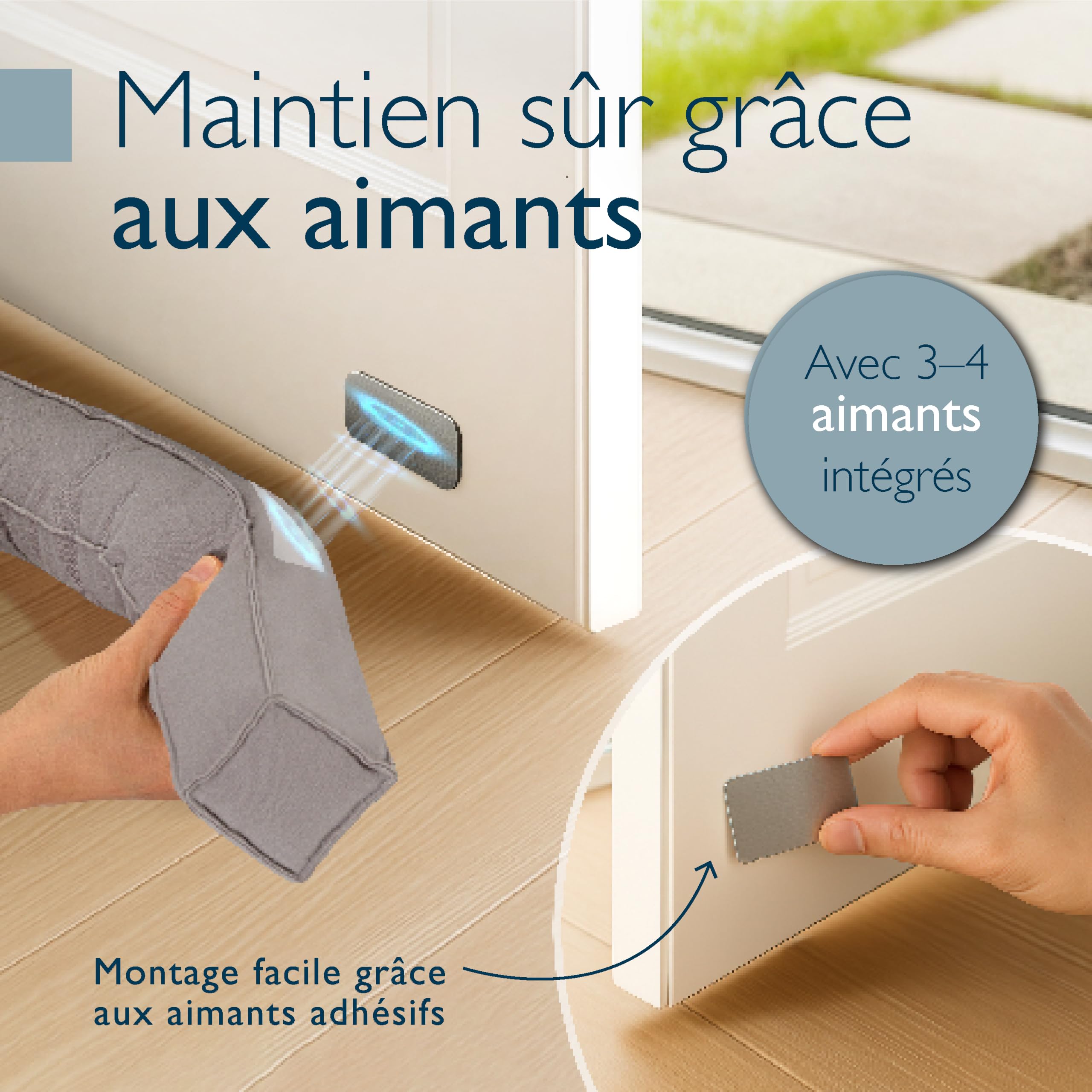 Beautissu Boudin de Porte Isolant d'Entrée 90 cm avec Aimants – Bas de Porte Anti Froid Bruit – Coussin Anti Courant d’Air pour Fenêtre – Coupe Vent Tissu Gris Clair pour Isolation Thermique – Marin