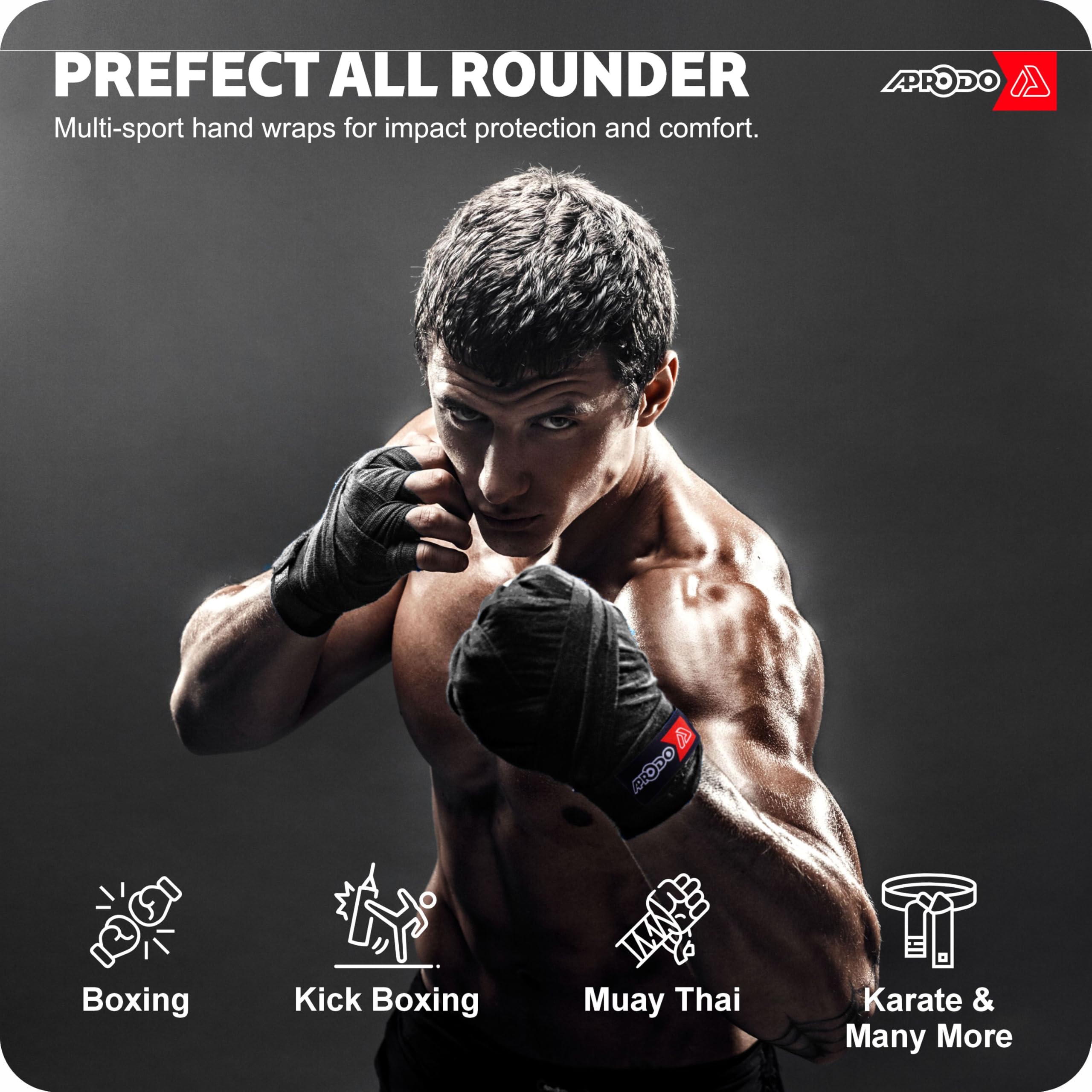 APRODO Boxing Hand Wraps Perfect Spandex Elastic Stretch for Men & Women (Black, (180") 4.50m) 2