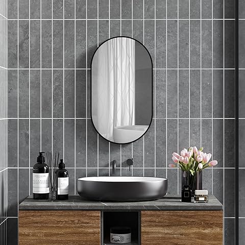 HOMCOM Espejo de Baño Ovalado 40x70 cm con Marco de Aluminio Espejo de Pared Decorativo Horizontal o Vertical para Salón Entrada Pasillo Negro
