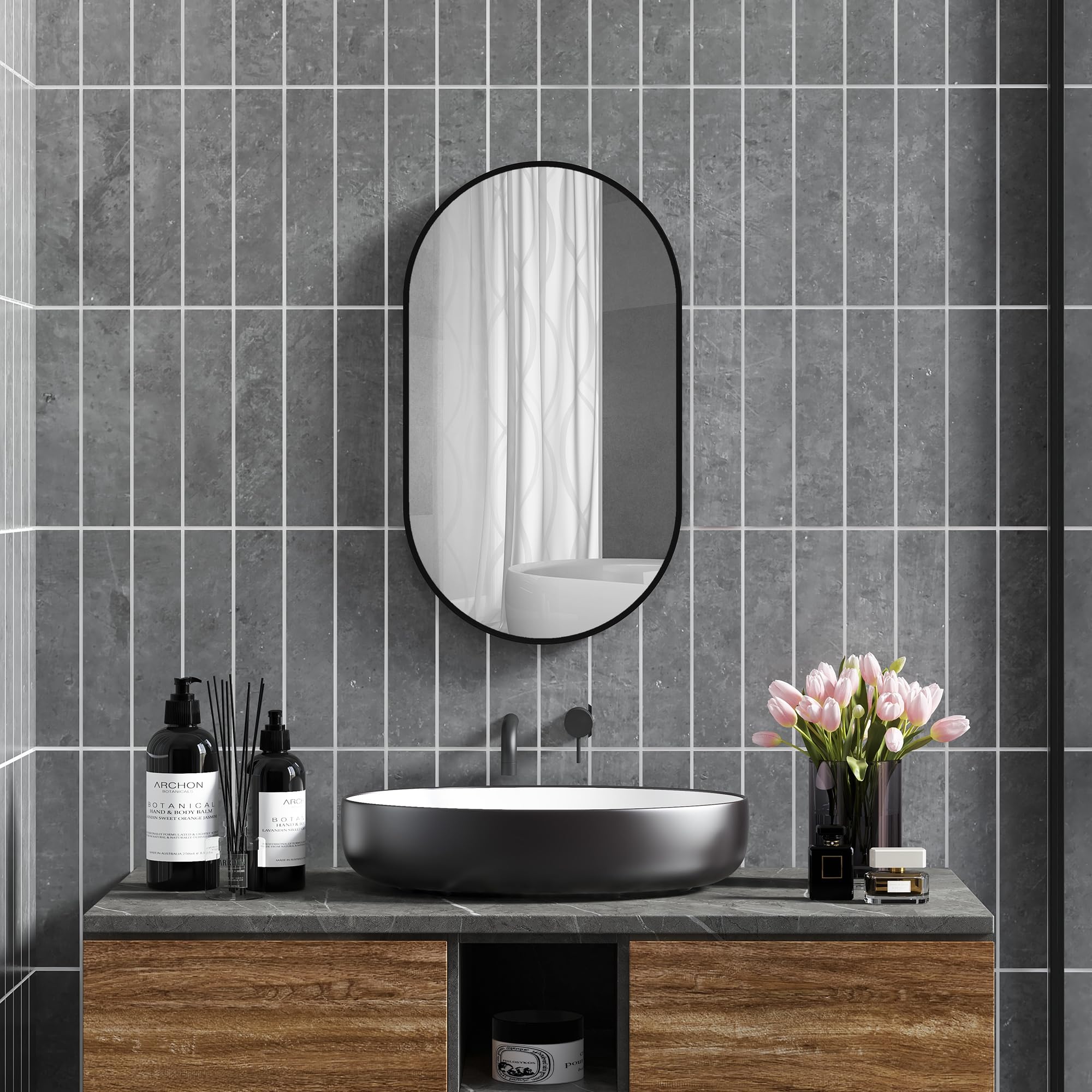 HOMCOM Miroir Mural Ovale, Miroir Salle de Bain, 40 x 70 cm, Cadre Arrondi en Alliage d'aluminium, Montage Vertical ou Horizontal, décoration Murale pour Salle de Bain, Salon, Chambre, Noir