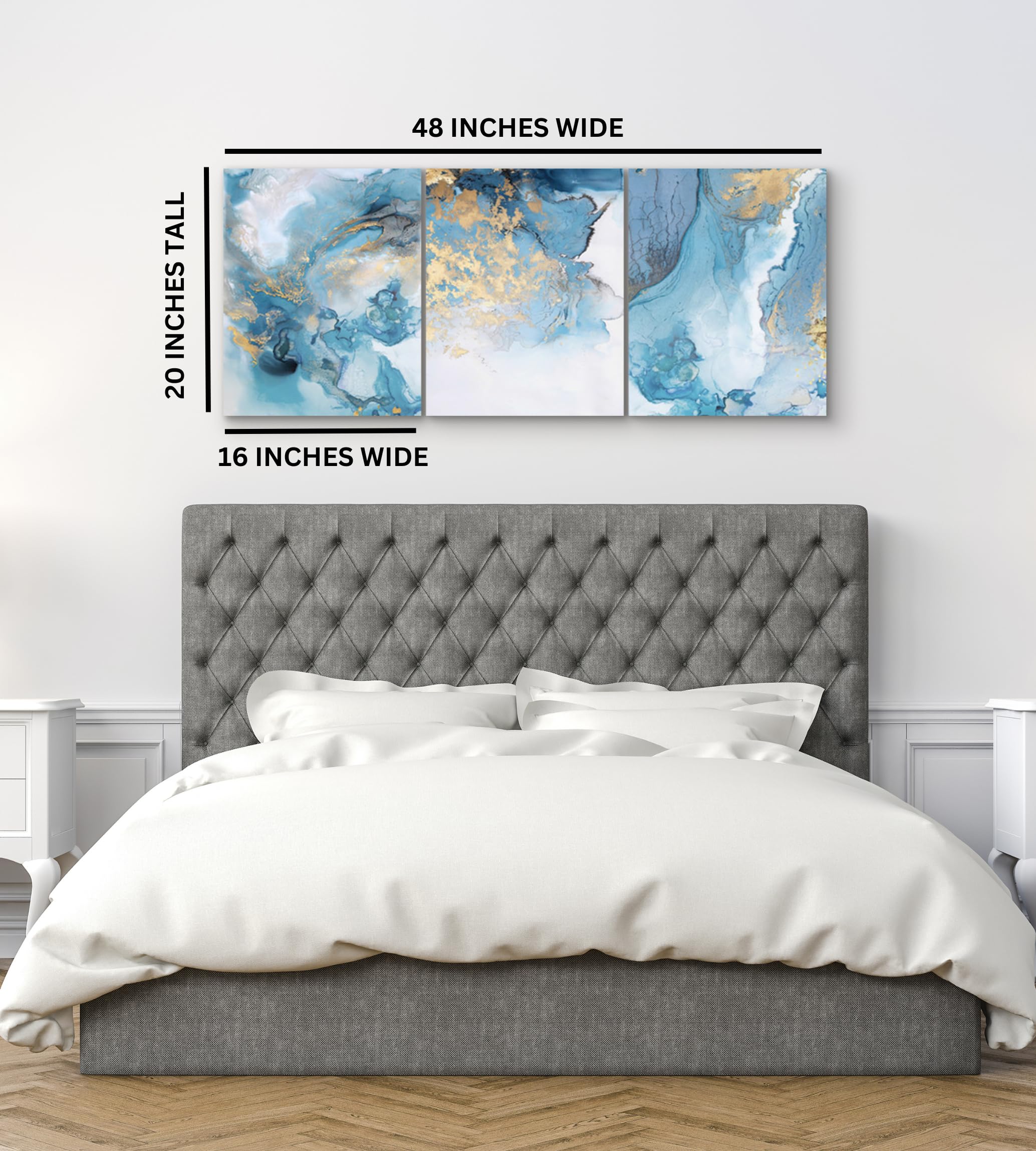 Astratto blu oro marmo su tela nordica pittura oro trama marmorizzata murale soggiorno set da 3 pezzi blu senza cornice (A,30 x 40 cm