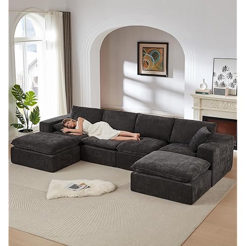 138" Cloud Sectional Couches for Living Room,Convertible Boneless U Shaped Couch with Ottomans, Modern Modular Sectional Sofa,Oversized,Black
