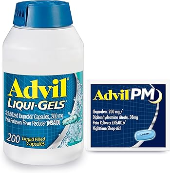 Advil Liqui-Gels Pain Reliever and Fever Reducer, Pain Medicine for Adults with Ibuprofen 200mg for Headache, Backache, Menstrual Pain and Joint Pain Relief - 200 Capsules, Advil PM Ibuprofen - 2 Ct