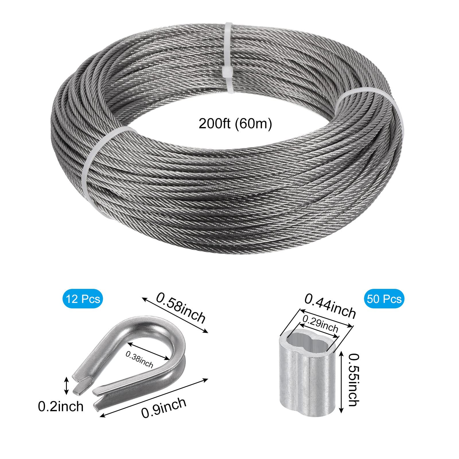 200ft Wire Rope Kit 1/8" Cable W 50 X Crimping Sleeve And 12 X Steel Thimble
