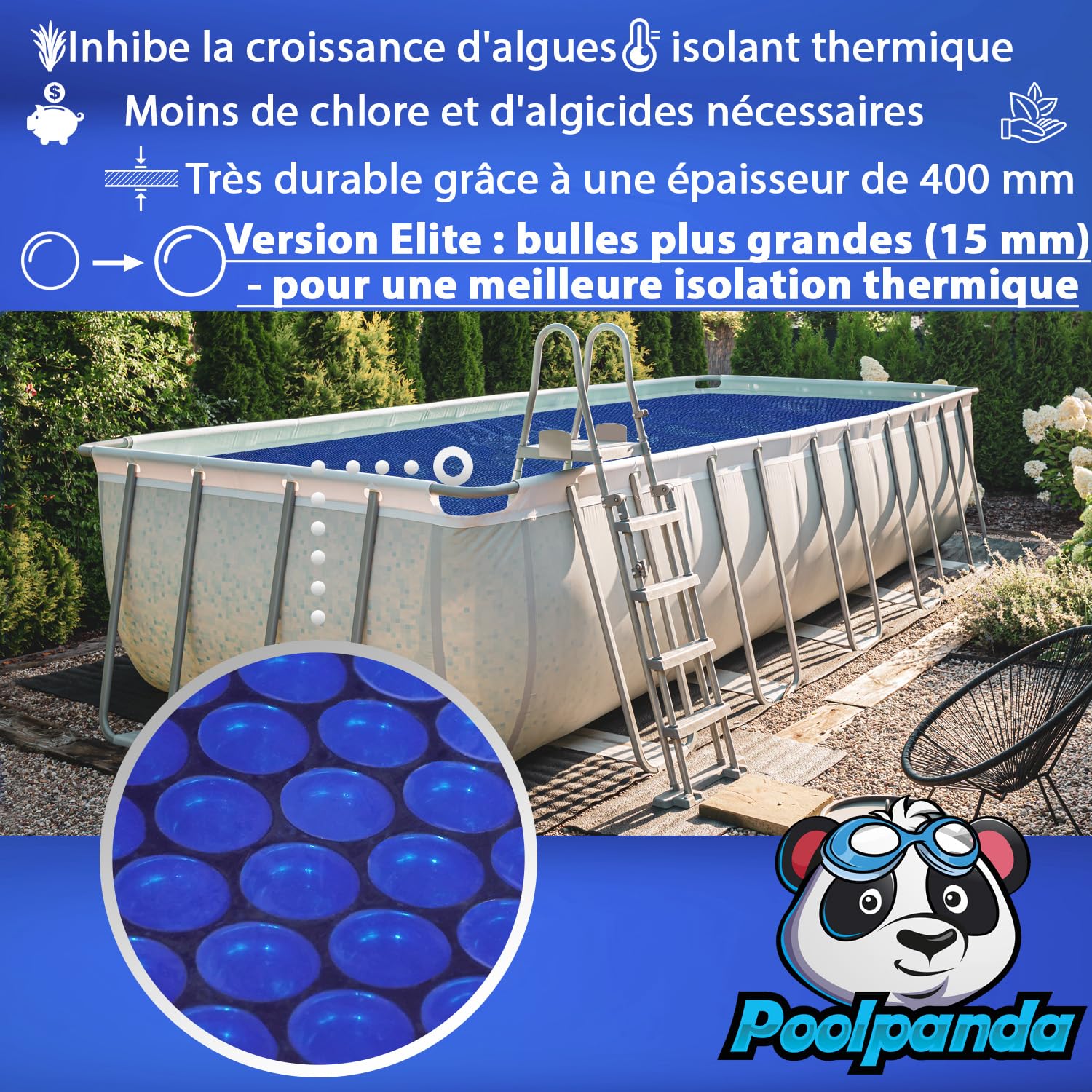 Poolpanda Elite Bâche solaire rectangulaire 600 x 400 cm, épaisseur 400 microns, noir/bleu, XL Bulles d'air, Film solaire pour piscine